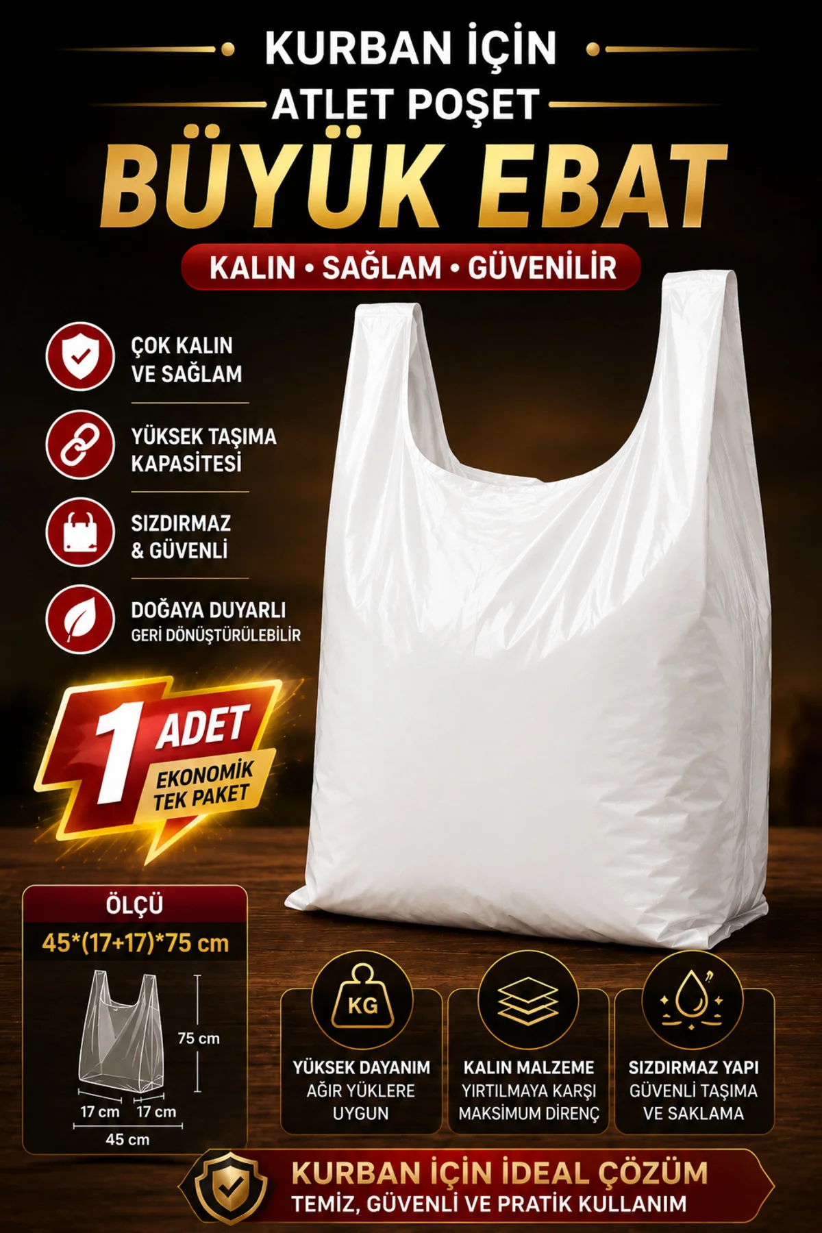Kurban İçin Büyük Ebat Atlet Poşet 45x75 cm Beyaz Kalın ve Dayanı