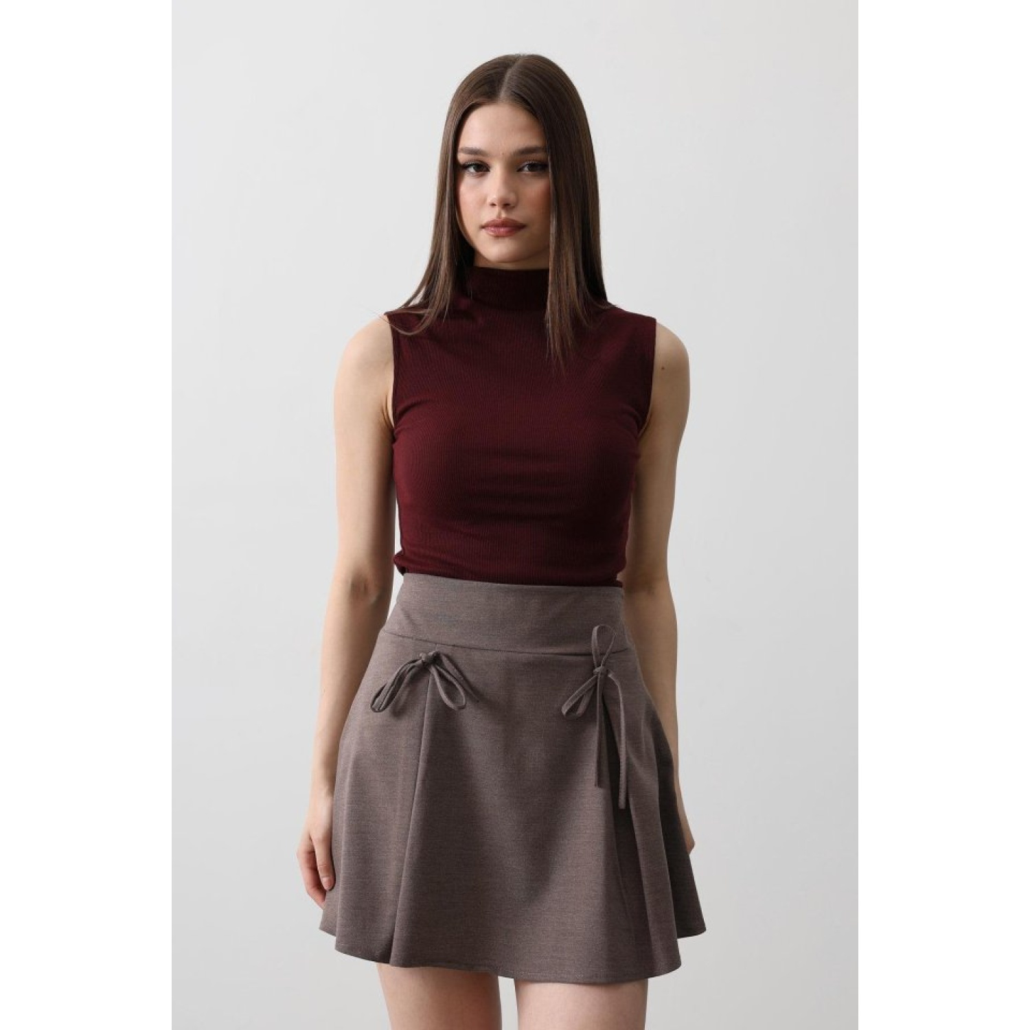 Kurdela Detaylı Mini Etek - Kahve