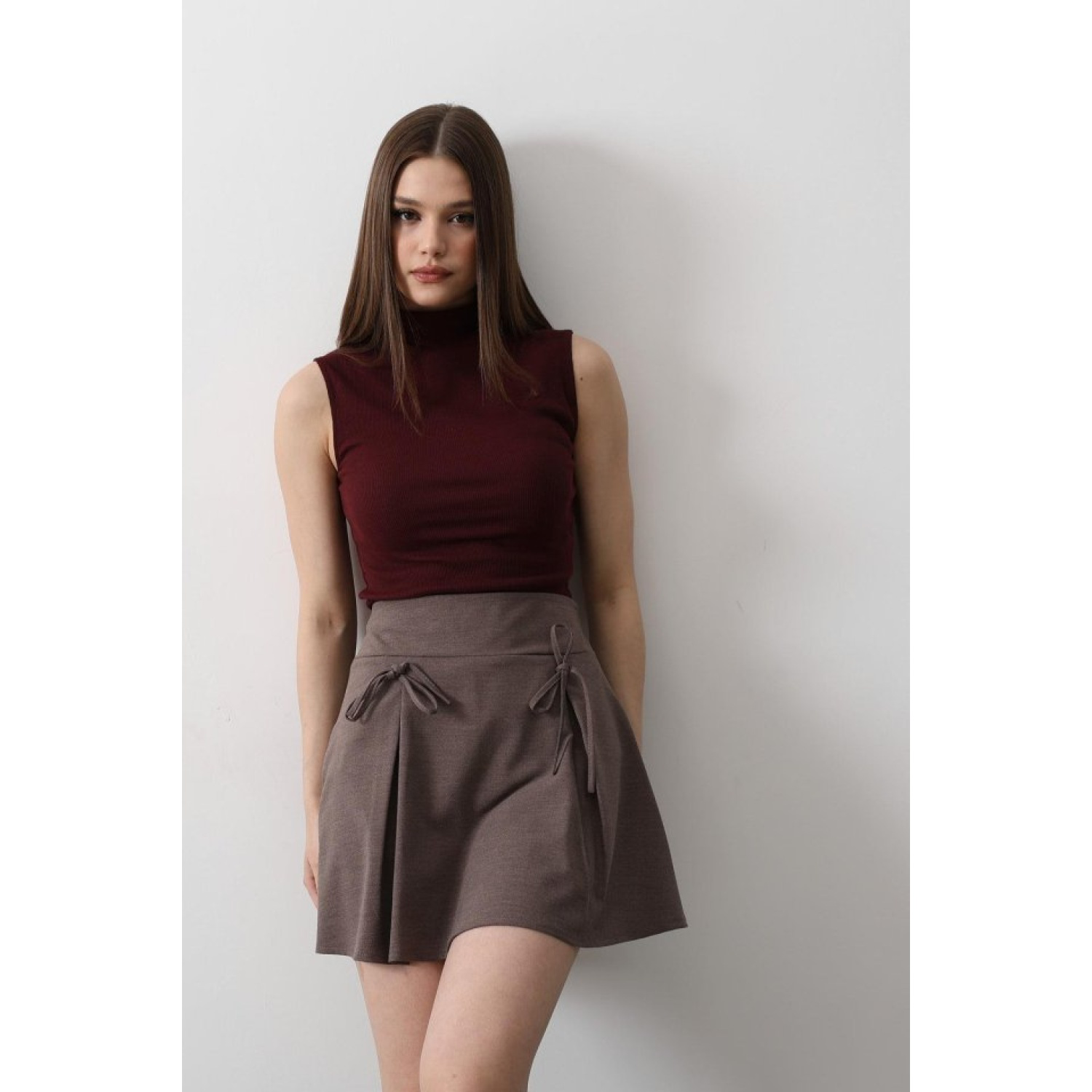 Kurdela Detaylı Mini Etek - Kahve