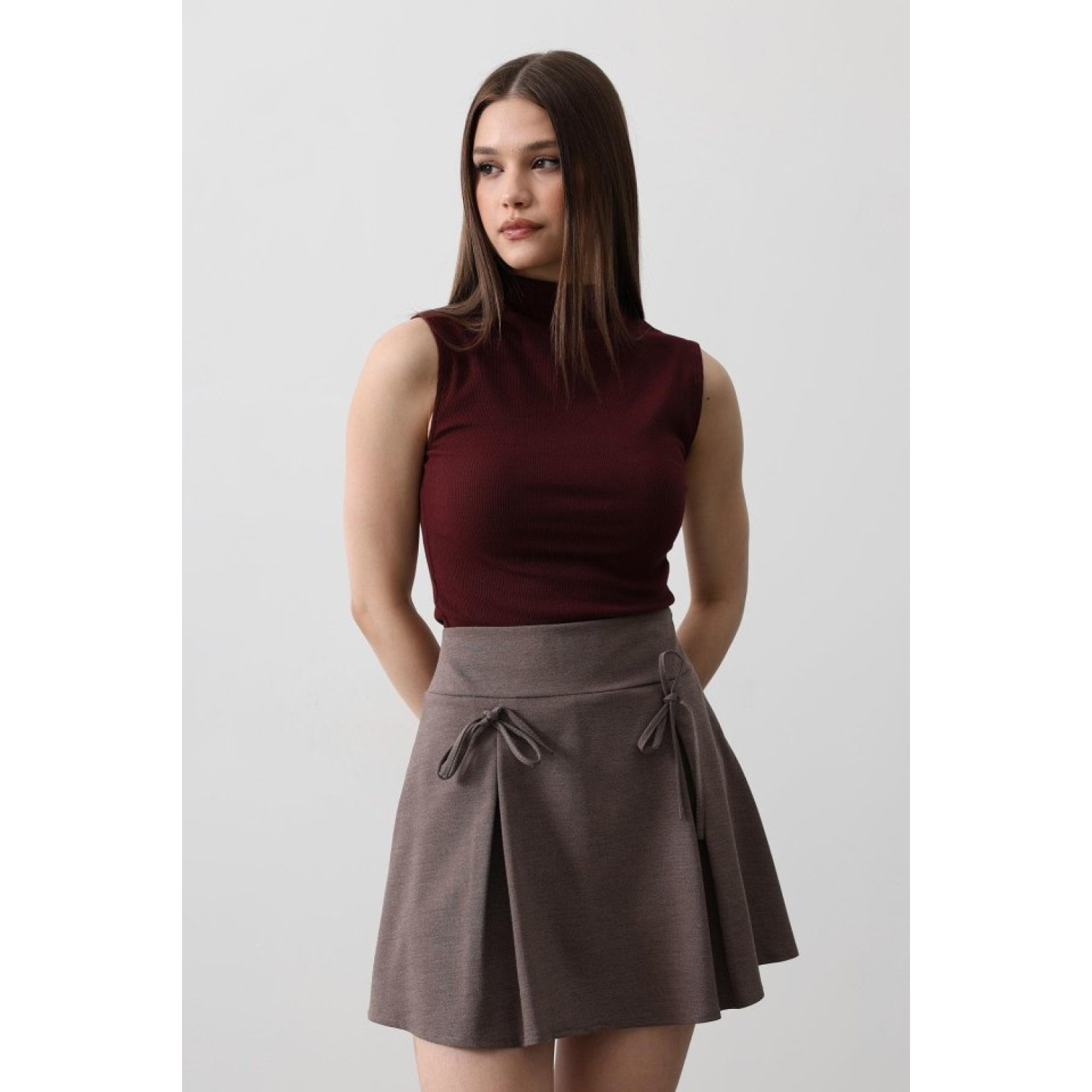 Kurdela Detaylı Mini Etek - Kahve