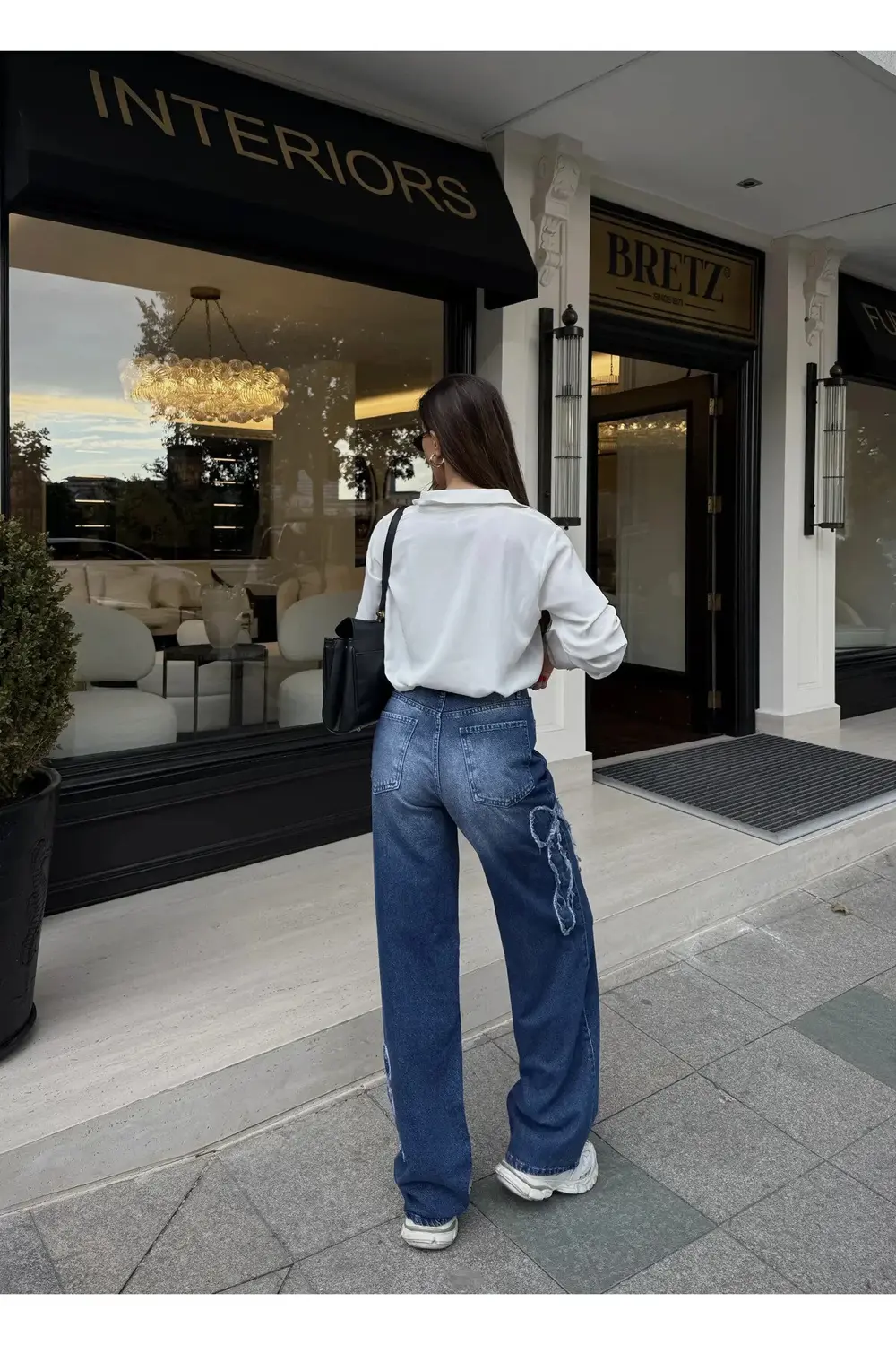 Kurdele Parçalı Mavi Yıkamalı Baggy Jean