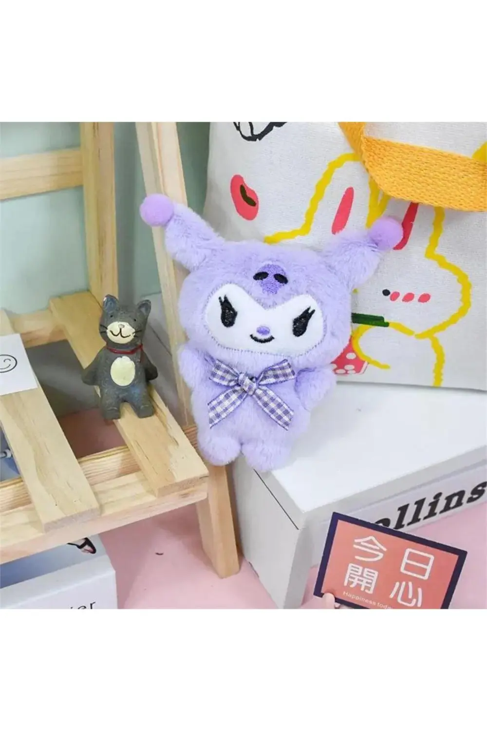 Kurdeleli Lila Anime Kuromi Mini Peluş Anahtarlık