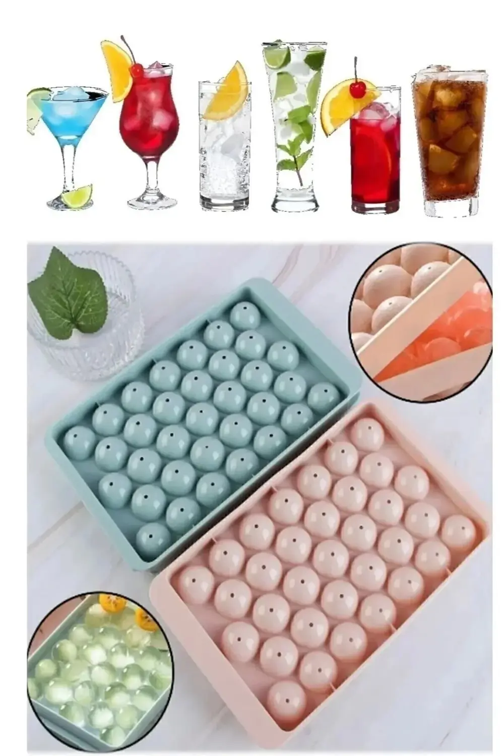 Küre Buz Kalıbı Kapaklı 33 Hazneli Yuvarlak Buz Kalıbı Kokteyl Su