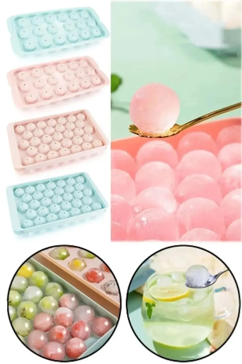 Küre Buz Kalıbı Kapaklı 33 Hazneli Yuvarlak Buz Kalıbı Kokteyl Su