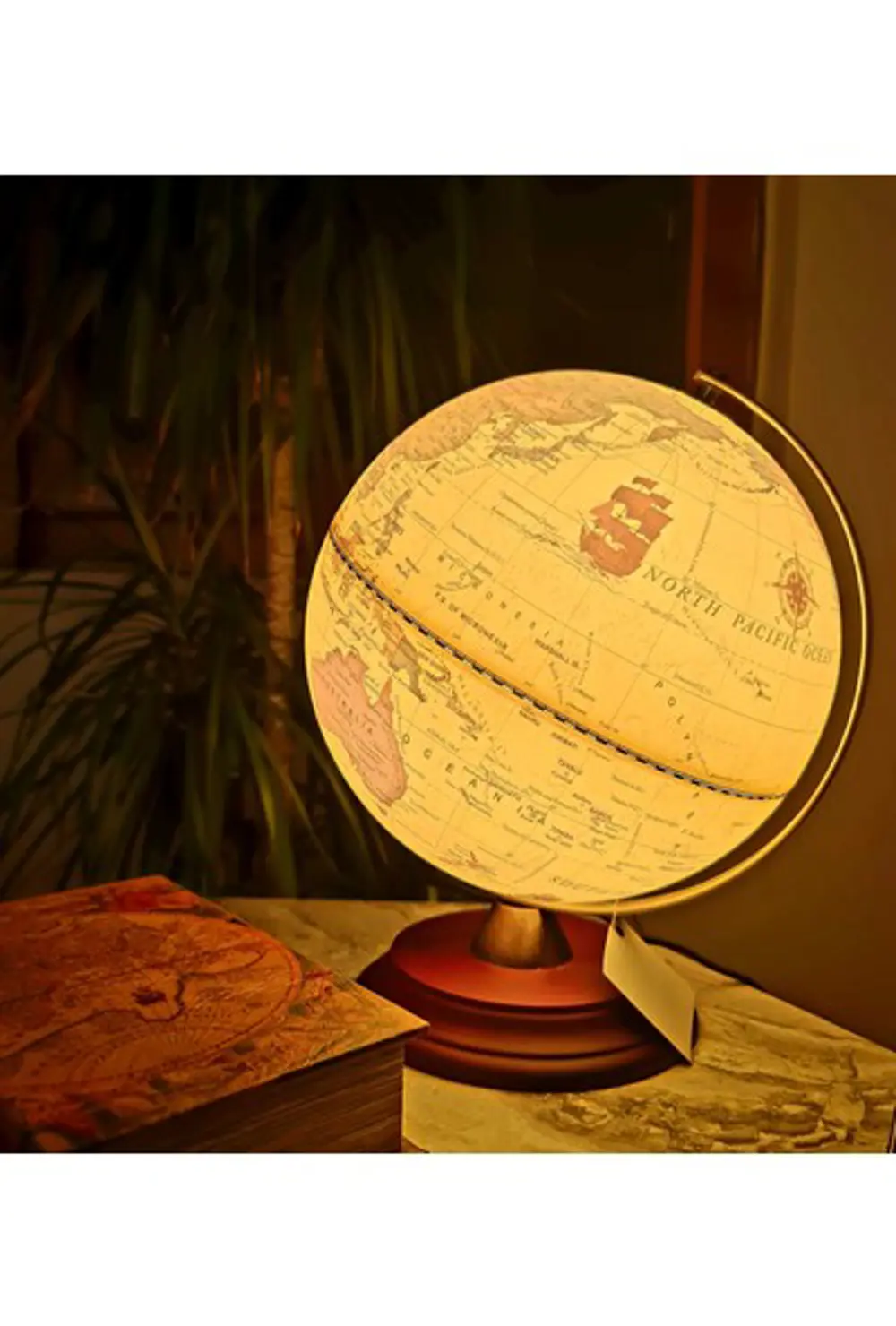 Küre Işıklı Antik Desenli Dünya Haritası Kahverengi - 26 Cm