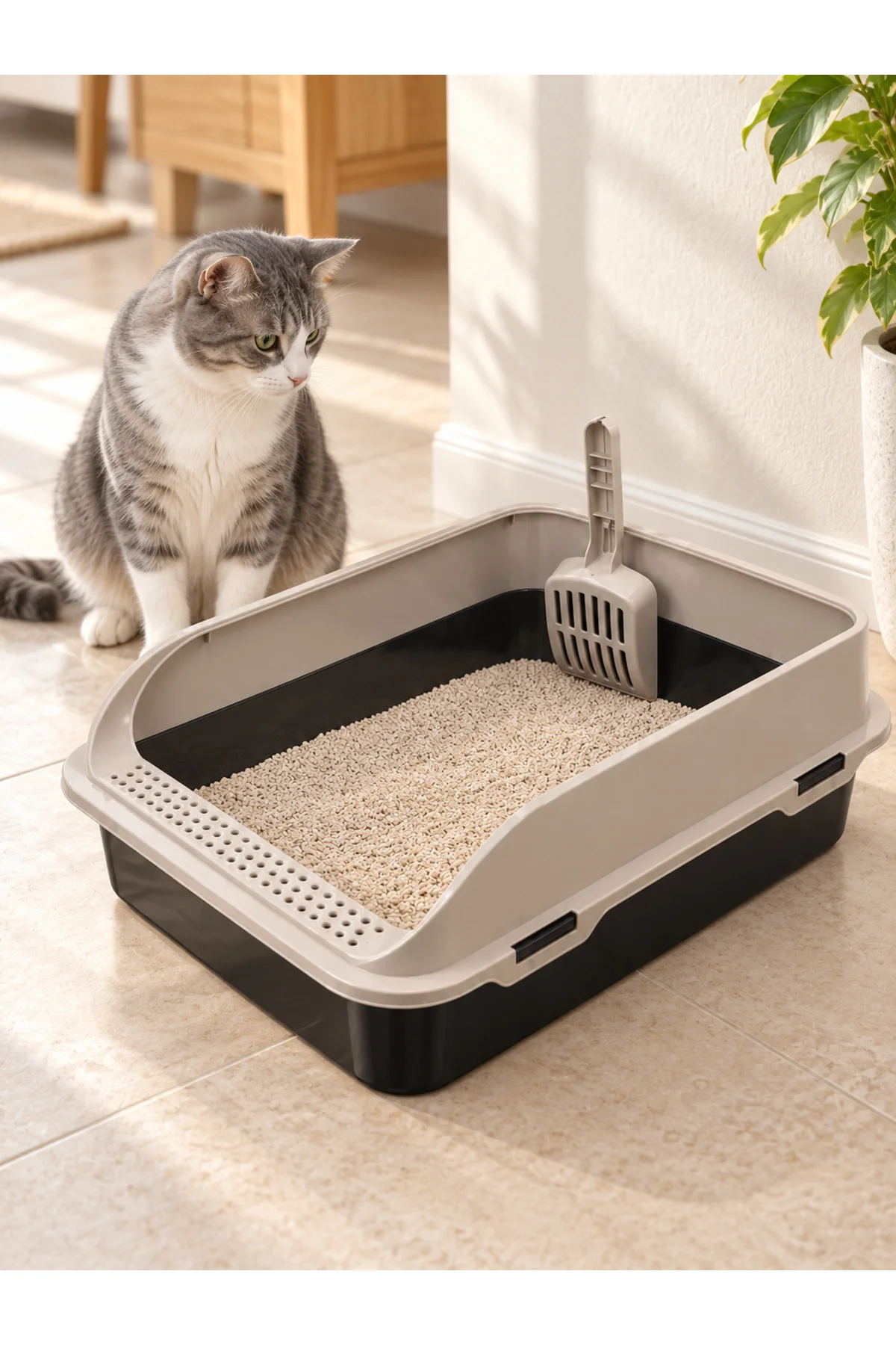 Kürekli Açık Kedi Tuvaleti Delikli Basamaklı Yüksek Kenarlı Kedi Kum Kabı
