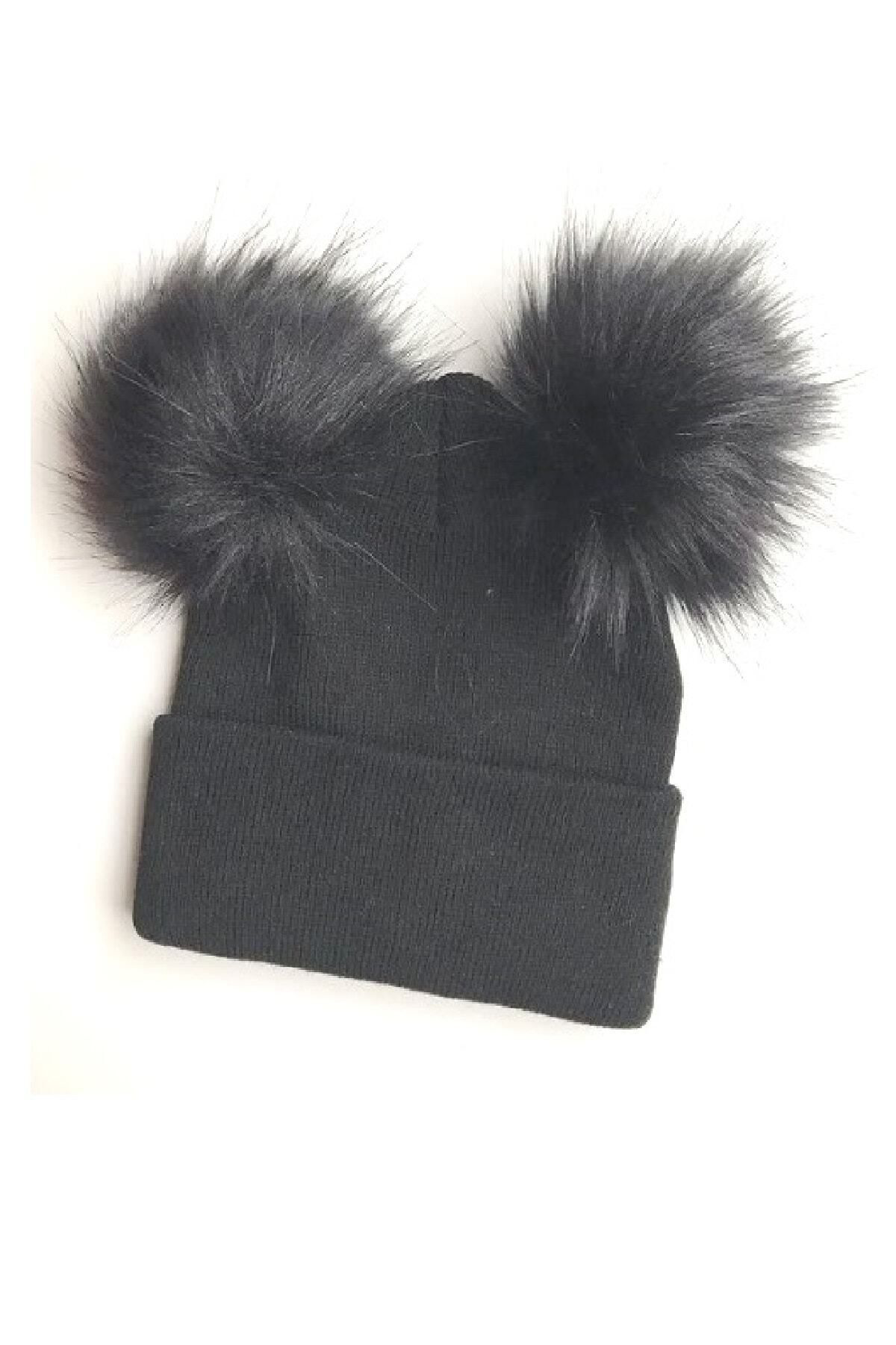 Kürk Ponponlu Unisex Bebek Triko Bere - Siyah