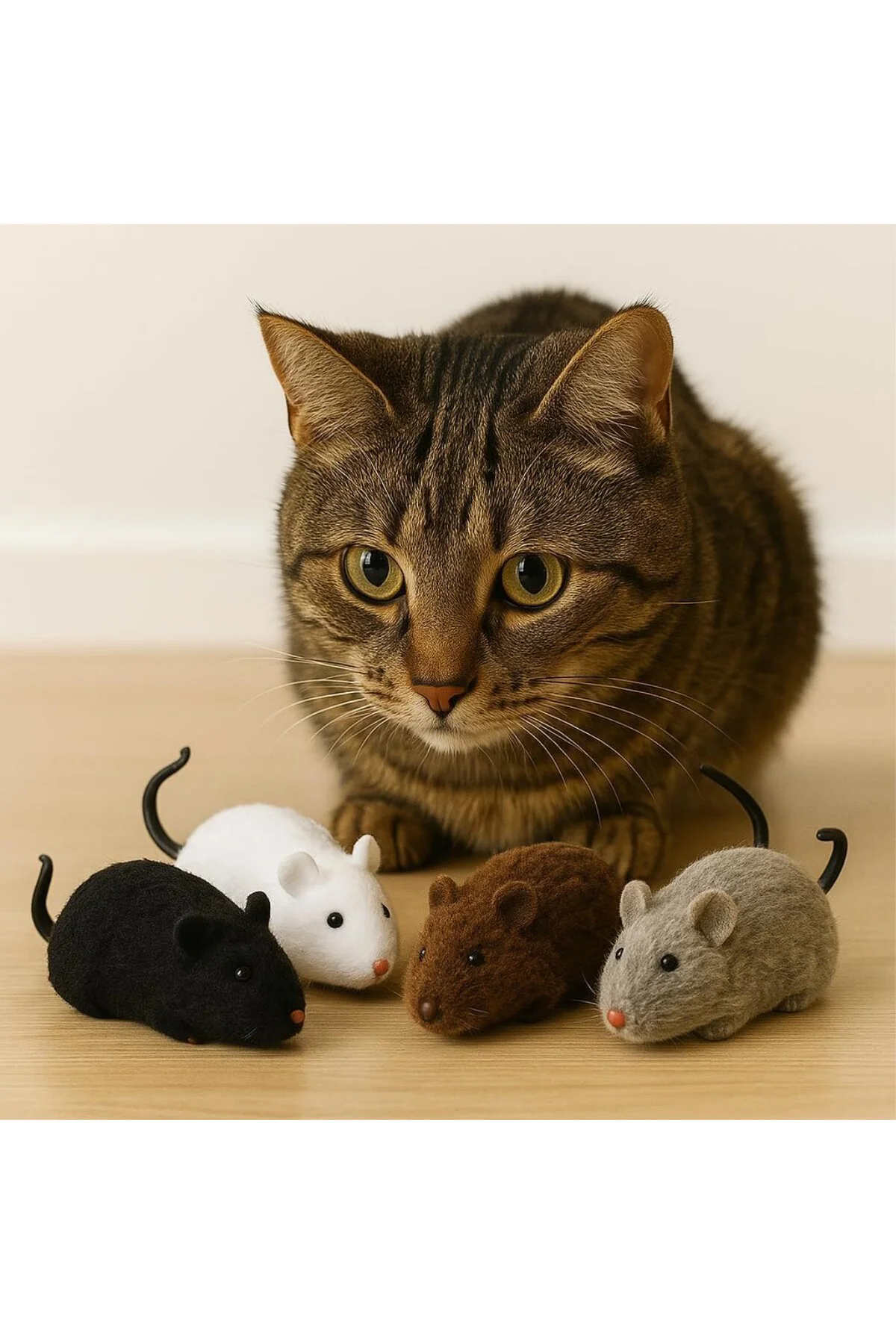 Kurmalı Kedi Oyuncağı 4’lü Set – Hareketli Fare Şeklinde Peluş Oy