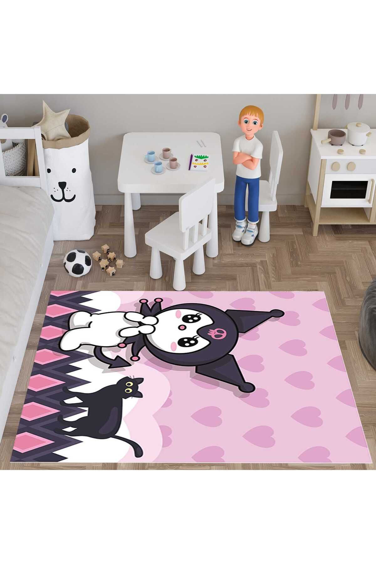 Evan Home Kuromi  Desenli Dijital Baskı Yıkanabilir Kaymaz Taban