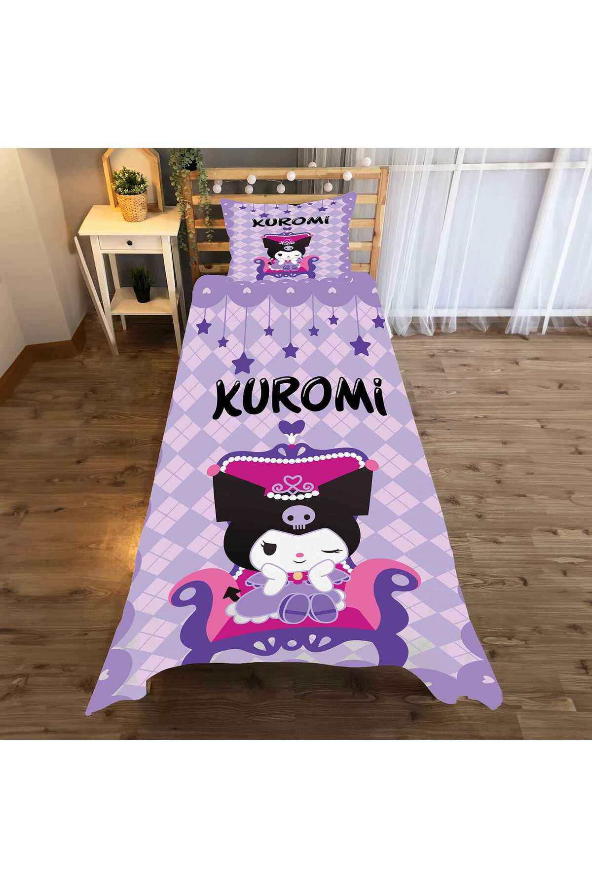 Evan Home Kuromi Mor Desenli Çocuk Odası Takım Perde (İki Kanat),Yatak Örtüsü,Yastık,Kırlent ,Halı,