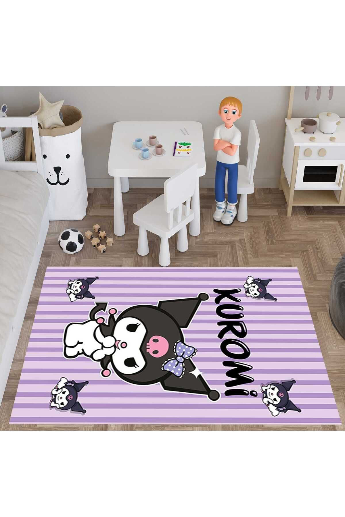 Evan Home Kuromi Mor Desenli Dijital Baskı Yıkanabilir Kaymaz Taban