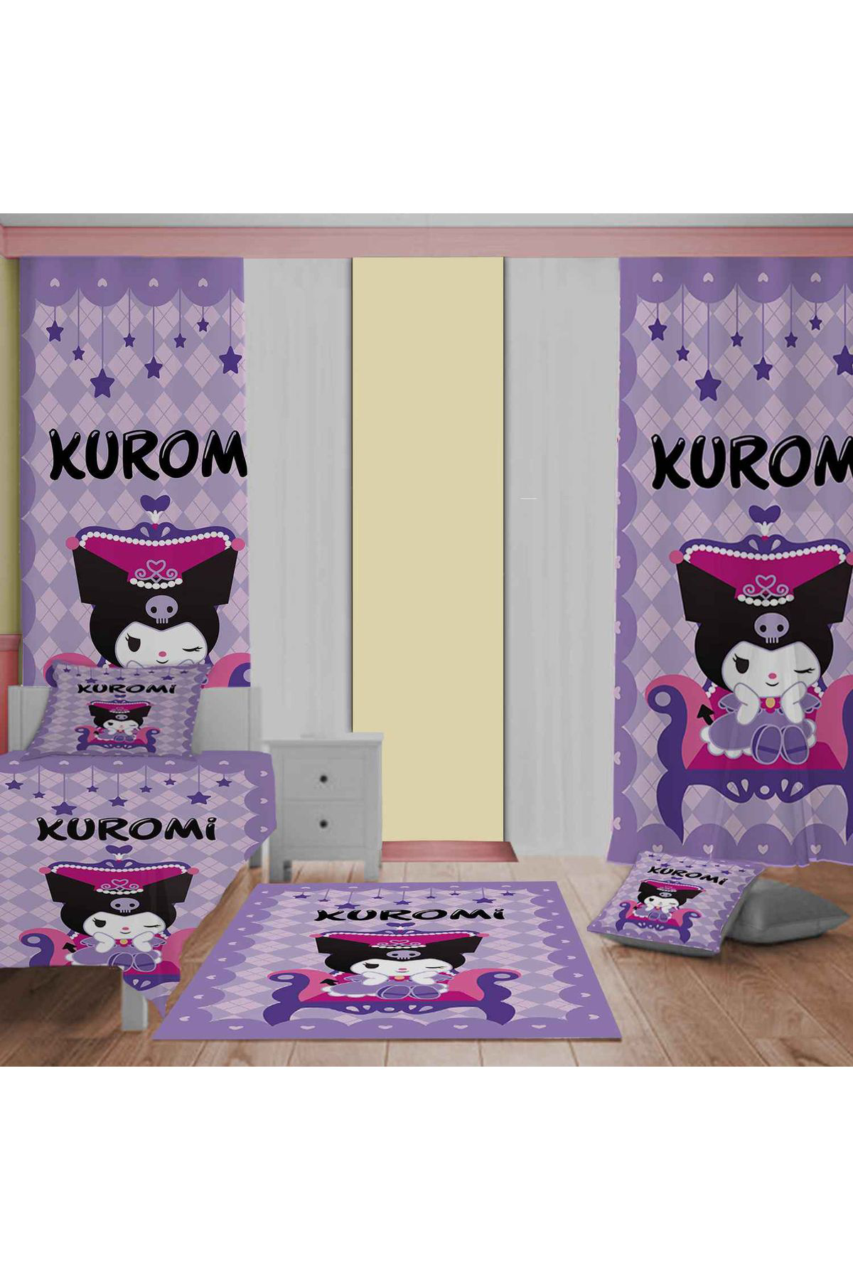 Evan Home Kuromi Mor Desenli Çocuk Odası Takım Perde (İki Kanat),Yatak Örtüsü,Yastık,Kırlent ,Halı,