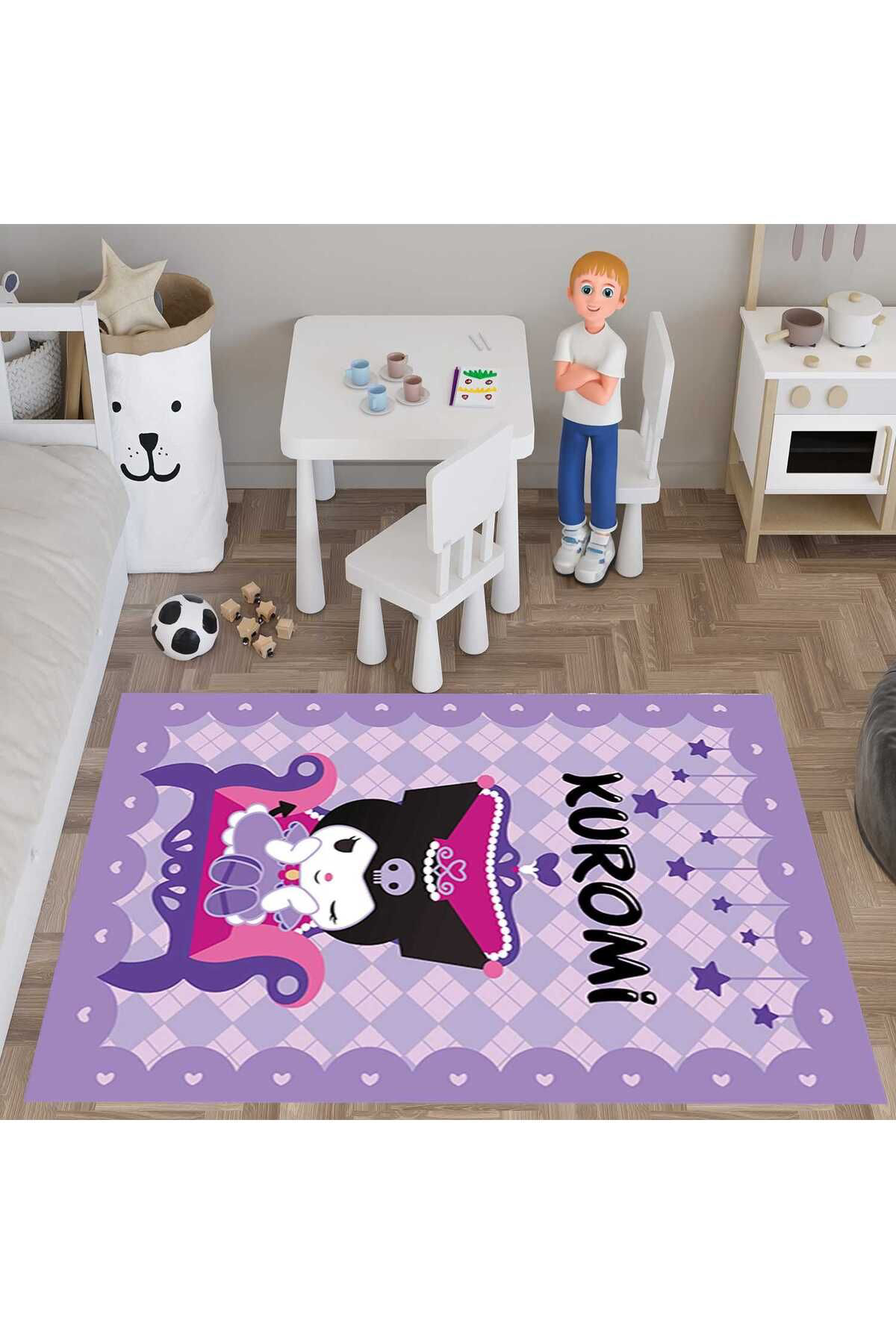 Evan Home Kuromi Mor Desenli Çocuk Odası Takım Perde (İki Kanat),Yatak Örtüsü,Yastık,Kırlent ,Halı,