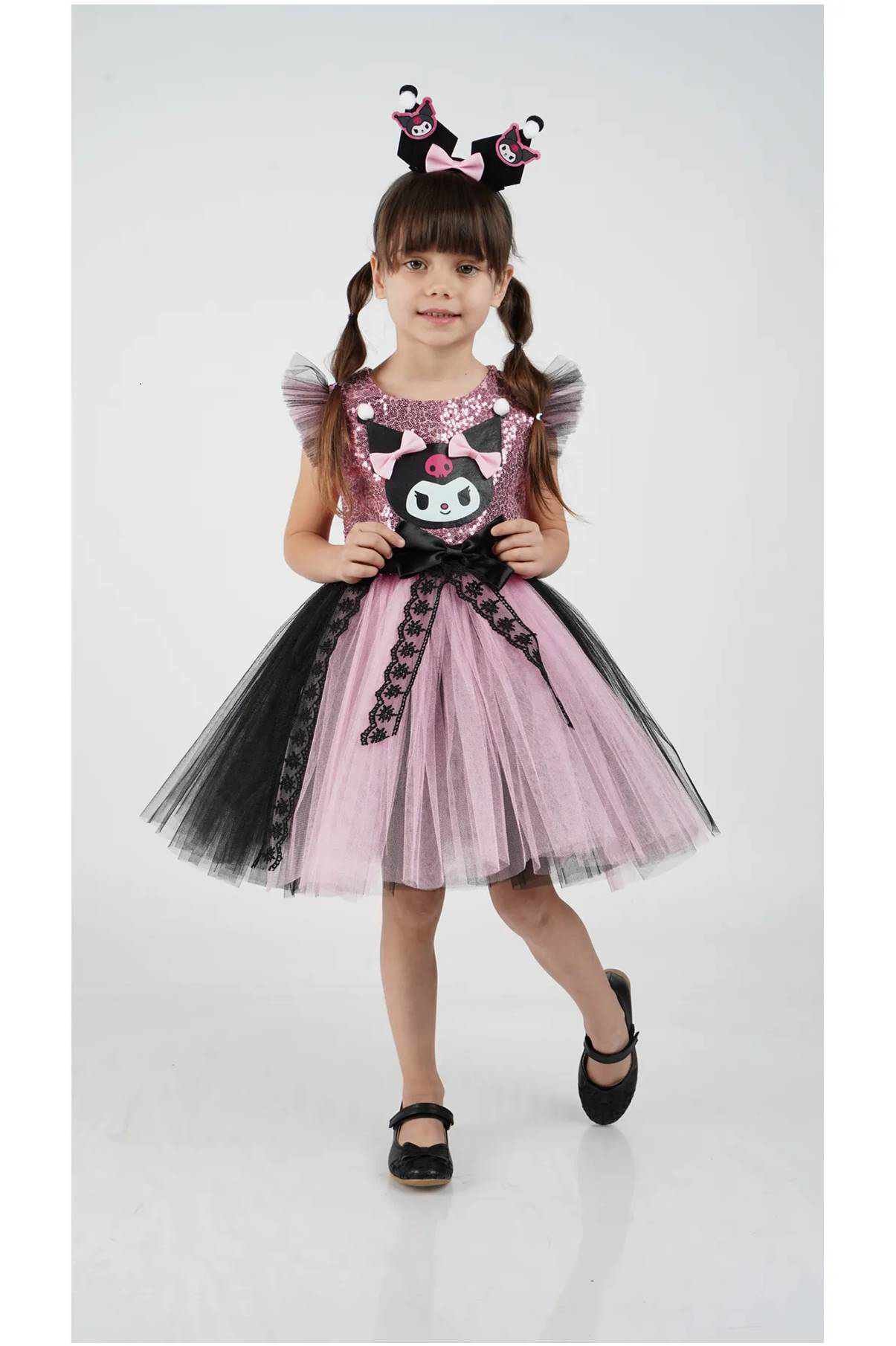 Diamondstar Kuromi Taç Aksesuarlı Pullu Baskılı  Parti Doğum Günü Kız Elbise