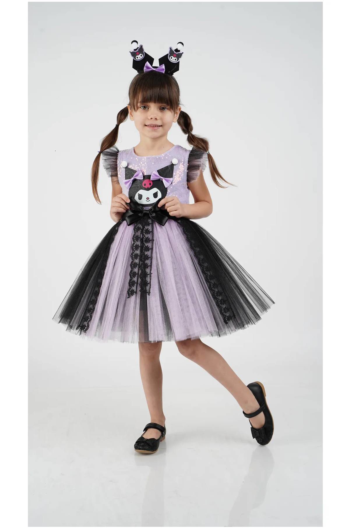 Diamondstar Kuromi Taç Aksesuarlı Pullu Baskılı  Parti Doğum Günü Kız Elbise