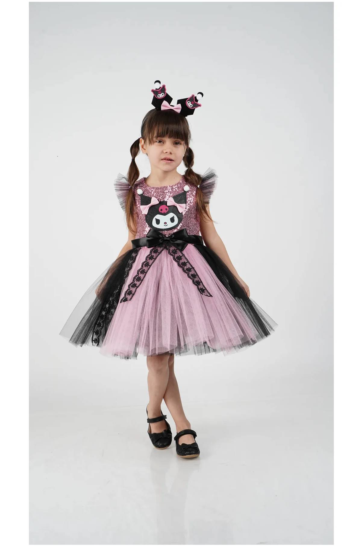 Diamondstar Kuromi Taç Aksesuarlı Pullu Baskılı  Parti Doğum Günü Kız Elbise