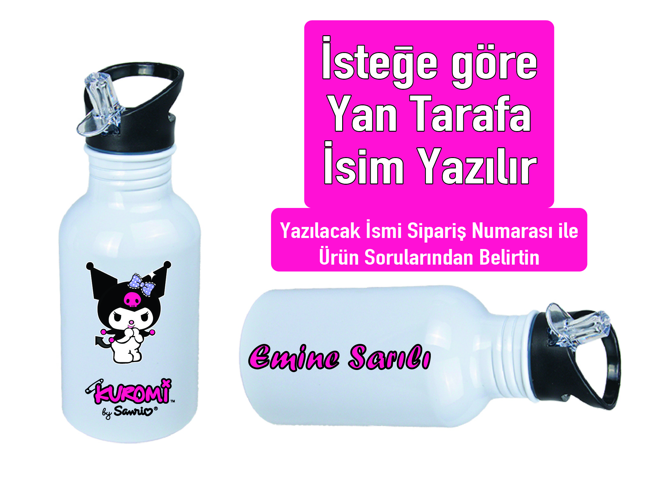 Kuromiii Baskılı Pipetli Kancalı Metal Suluk 600ml. BEYAZ