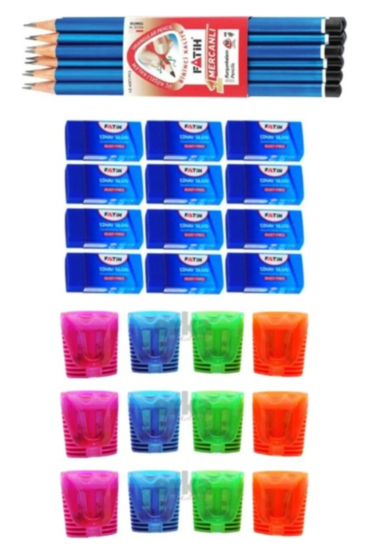 Kurşun Kalem Mercanlı 12 Adet + Sınav Silgisi 12 Adet + Kalemtraş