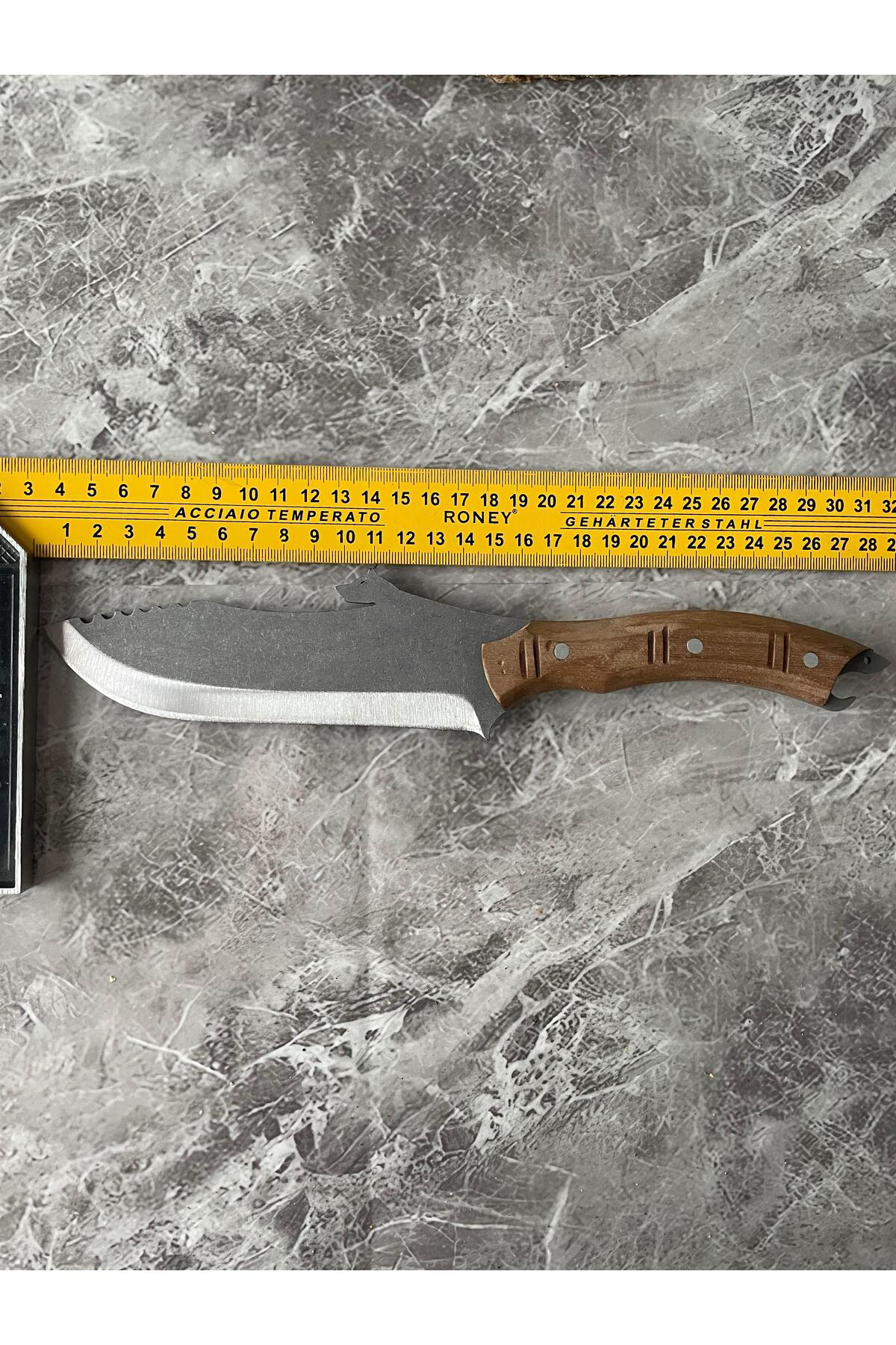 Kurt Desenli Kamp Bıçağı–Ceviz Kabze, Kılıflı, Cam-Buz Kırmalı & 