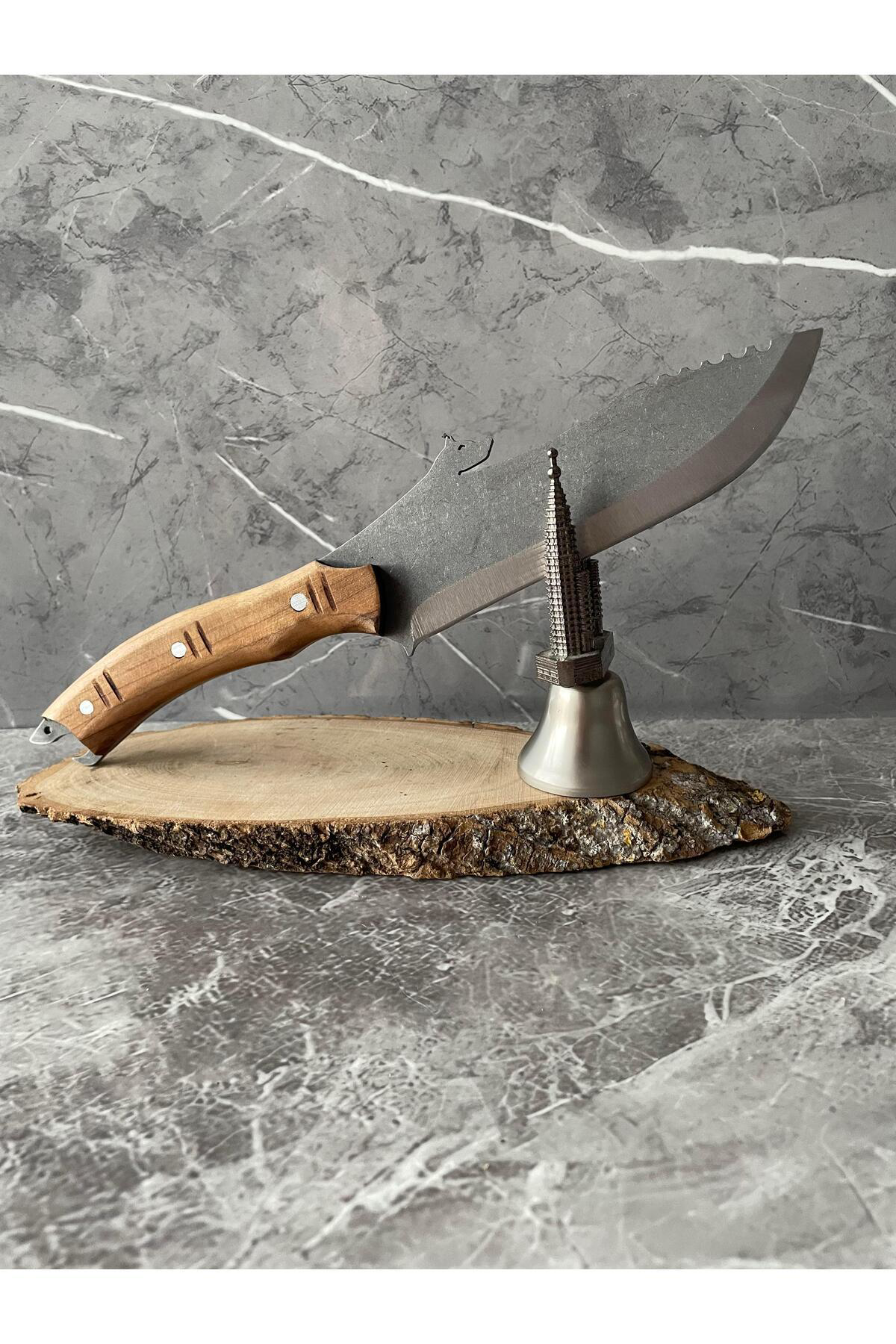 Kurt Desenli Kamp Bıçağı–Ceviz Kabze, Kılıflı, Cam-Buz Kırmalı & 