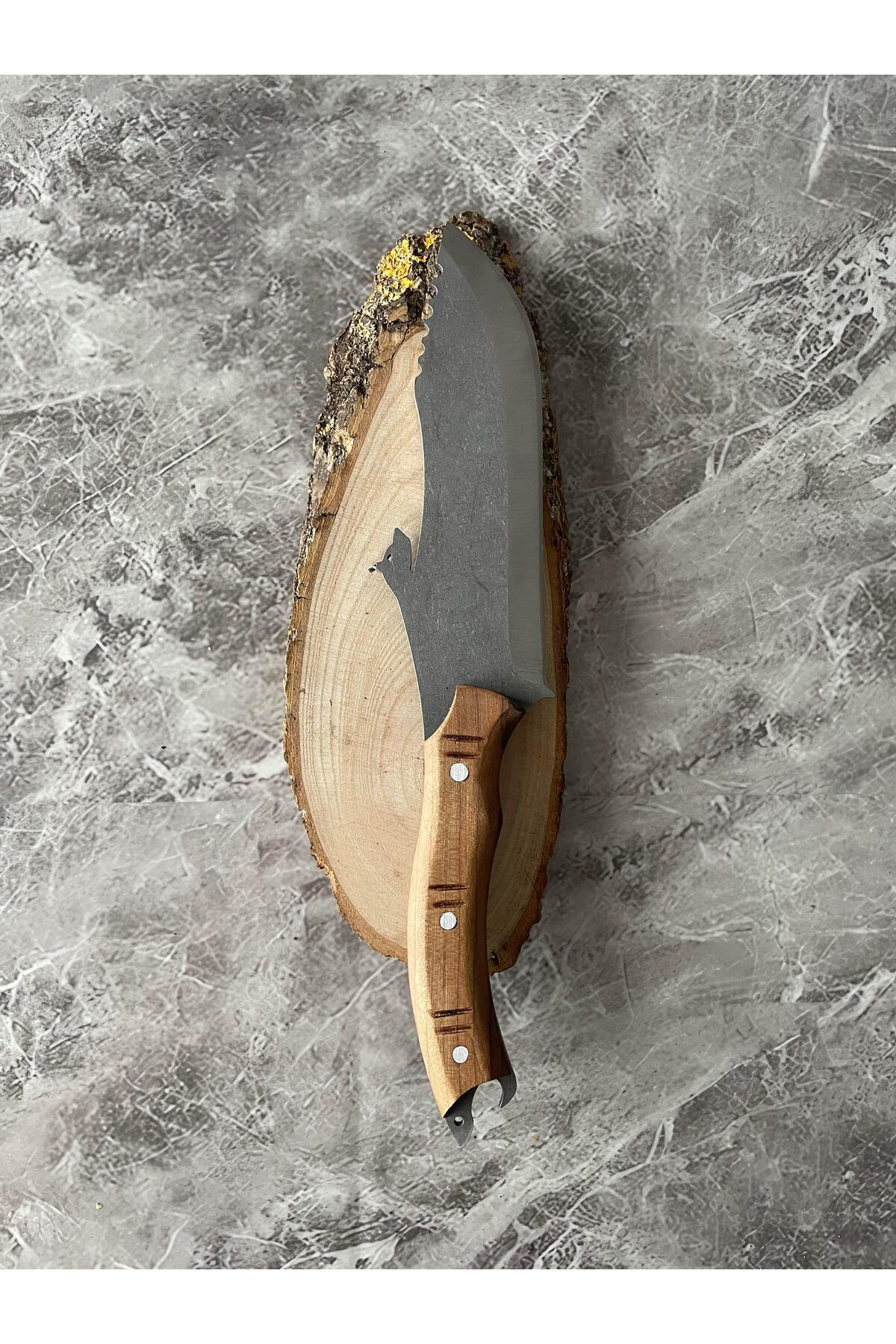 Kurt Desenli Kamp Bıçağı–Ceviz Kabze, Kılıflı, Cam-Buz Kırmalı & 