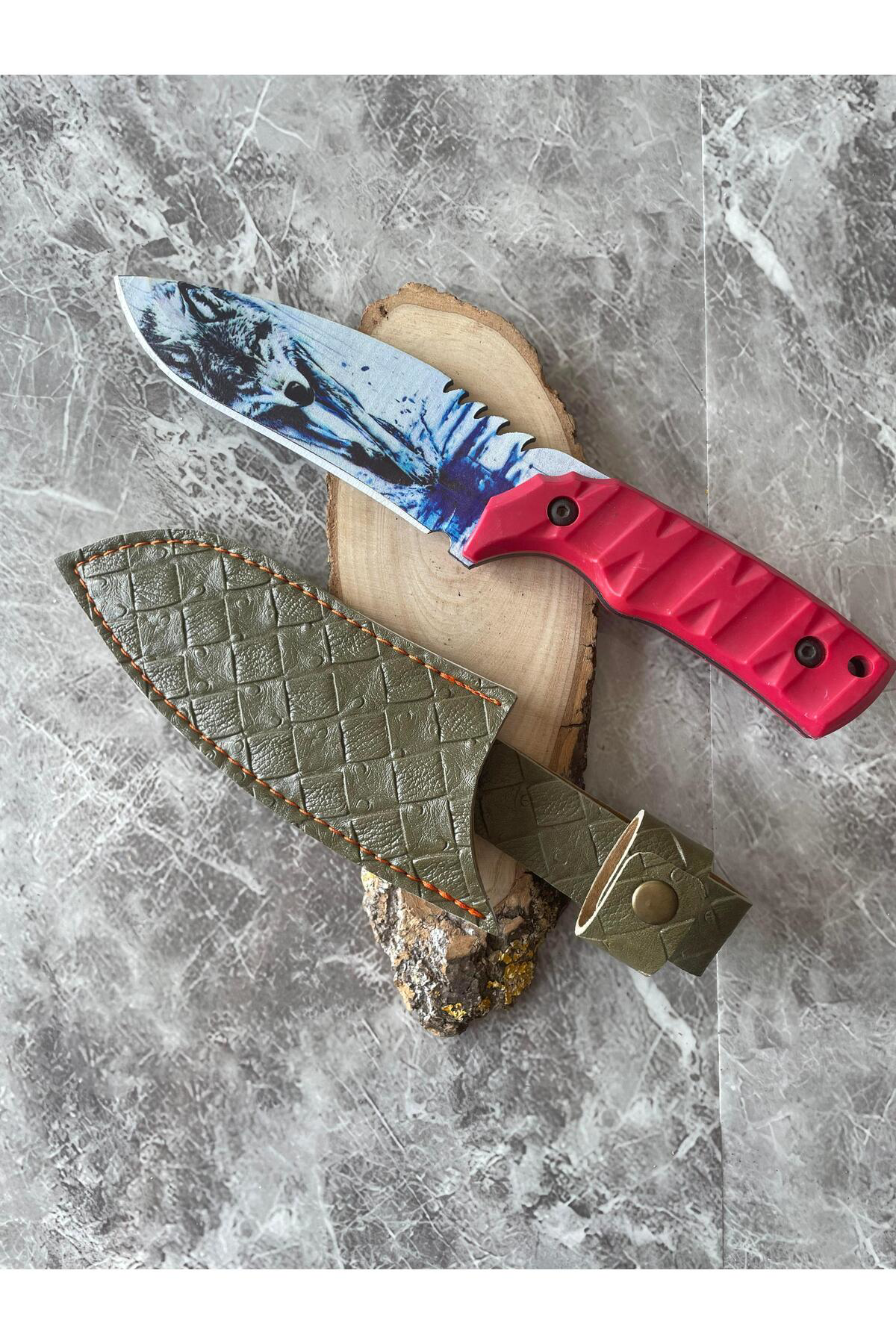 Kurt Kaplama Çelik Kamp Bıçağı – Kırmızı Kompakt Kabze, Özel Kılı