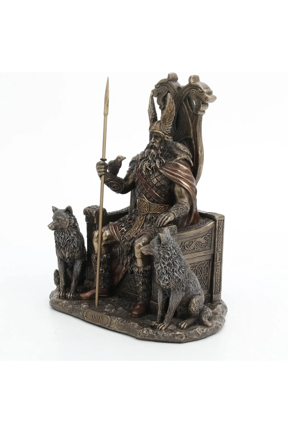 Kurtlarla Tahtta Oturan 8 5/8 İnç Odin Reçine Heykel Bronz Kaplama Viking Dekor Heykeli