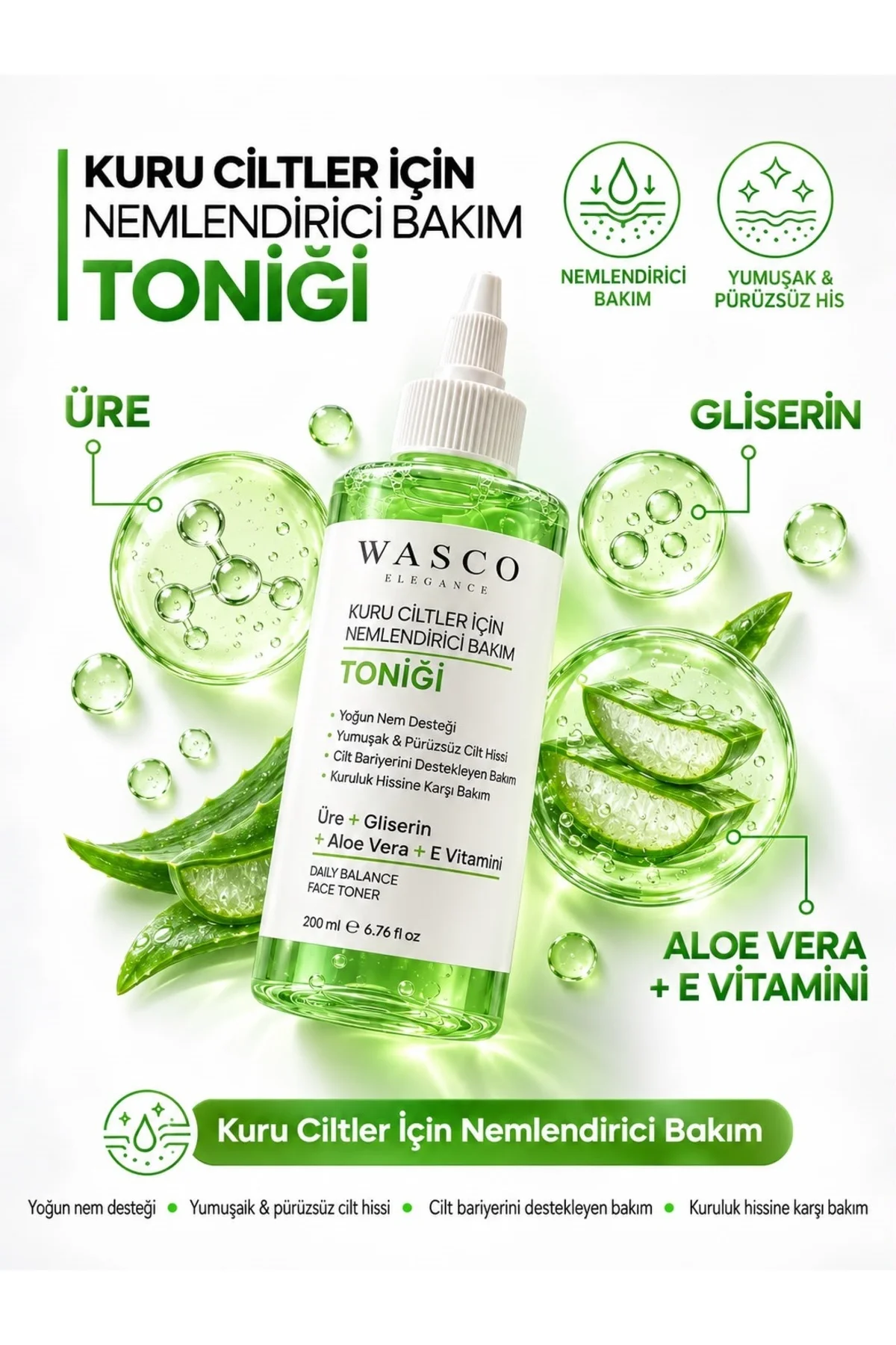 Kuru Ciltler İçin Yoğun Nemlendirici Bakım Toniği Üre - Gliserin - Aloe Vera - E Vitamini 200 ml - Görsel 4