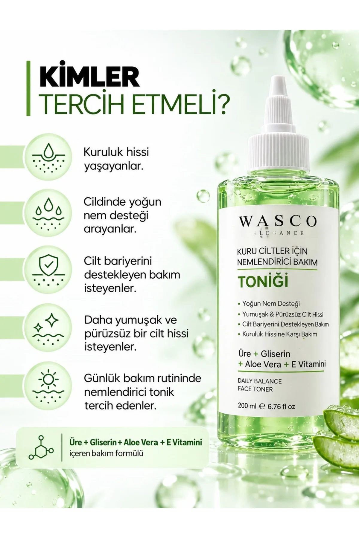 Kuru Ciltler İçin Yoğun Nemlendirici Bakım Toniği Üre - Gliserin - Aloe Vera - E Vitamini 200 ml - Görsel 7