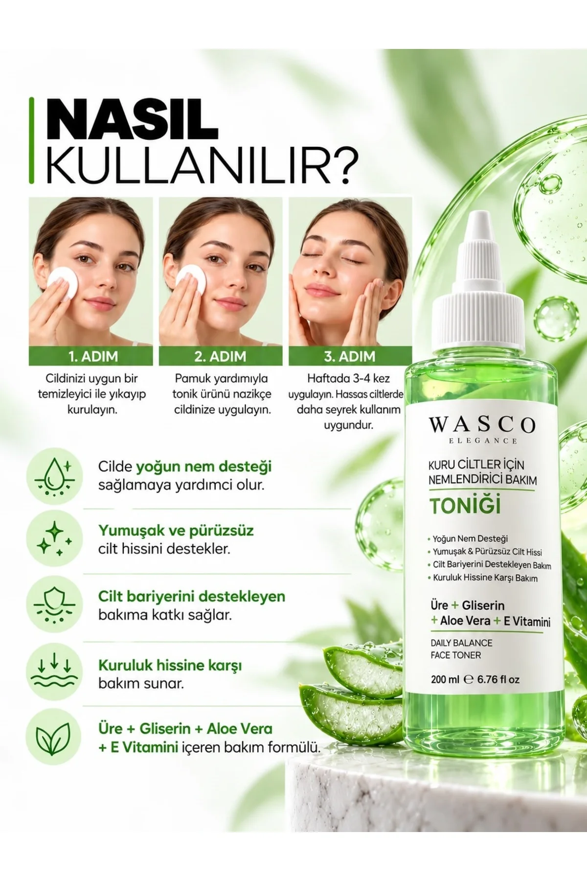 Kuru Ciltler İçin Yoğun Nemlendirici Bakım Toniği Üre - Gliserin - Aloe Vera - E Vitamini 200 ml - Görsel 6