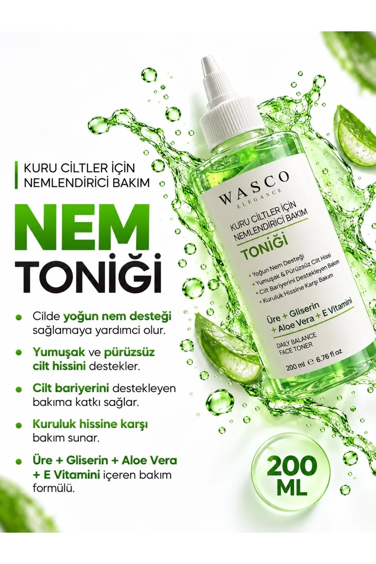 Kuru Ciltler İçin Yoğun Nemlendirici Bakım Toniği Üre - Gliserin - Aloe Vera - E Vitamini 200 ml - Görsel 3