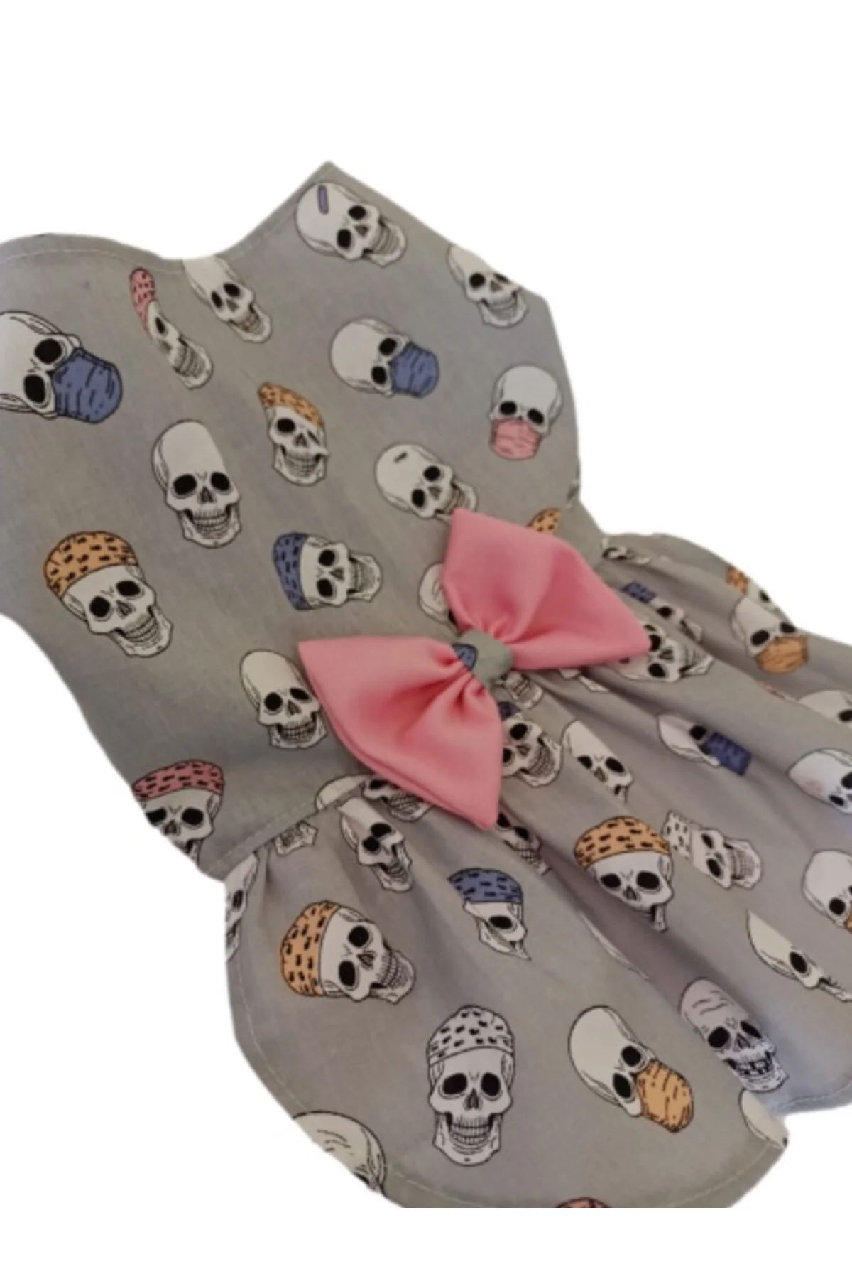 Kuru Kafa Desenli Pembe Papyonlu Tüllü Gri Dişi Kedi Köpek Kıyafe