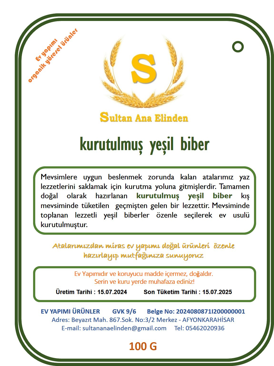 Sultan Ana Elinden Kurutulmuş Yeşil Biber 100G