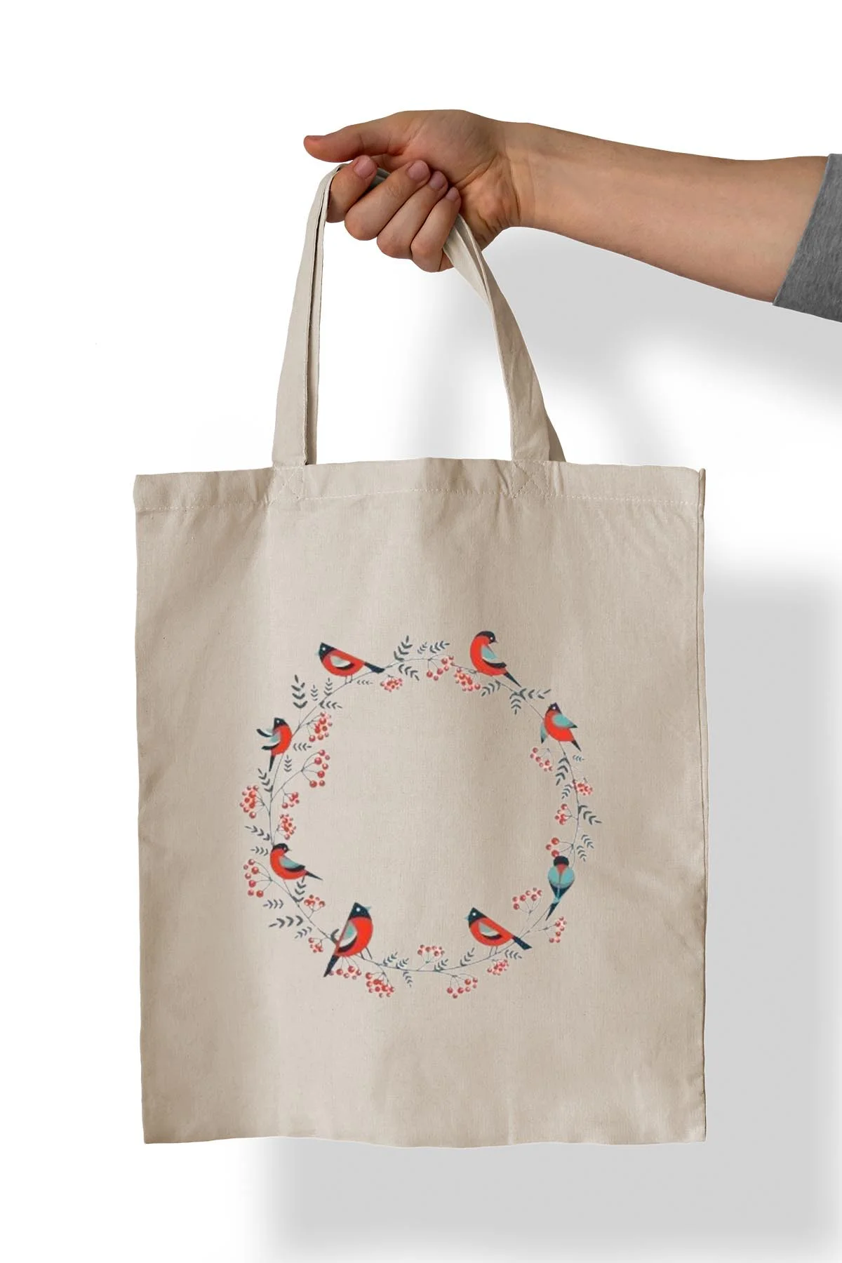 Kuş Çemberi Baskılı %100 Pamuk 35x38 cm Bez Çanta