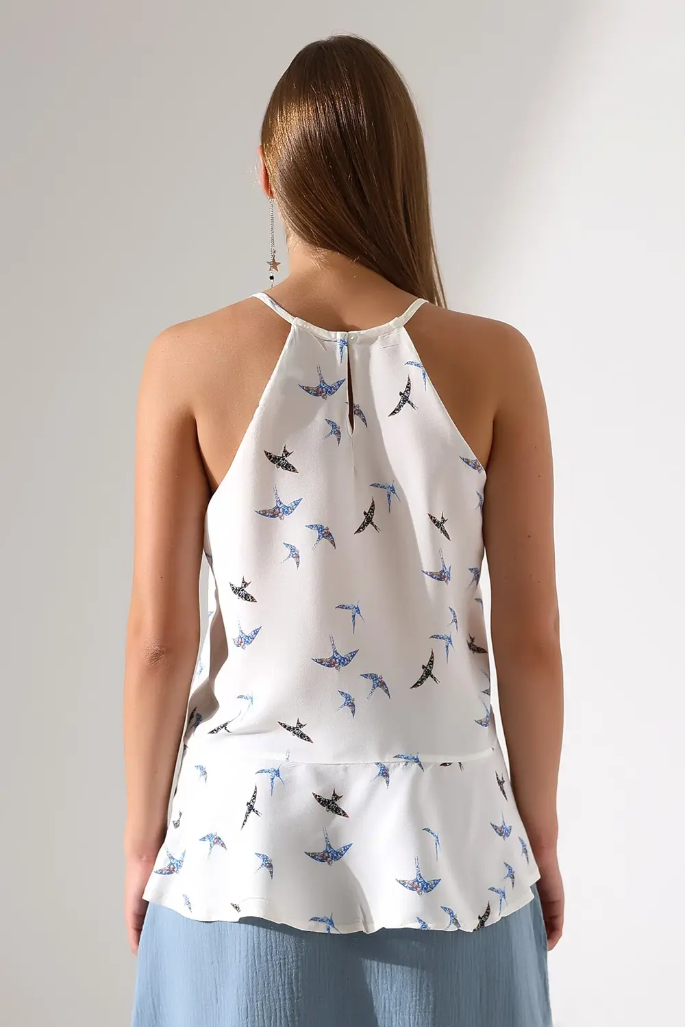 Kuş Desenli Askılı belden Volanlı modern şık Viskon Bluz – Maroke