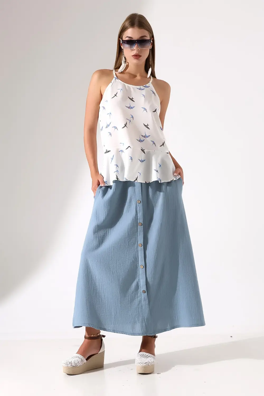 Kuş Desenli Askılı belden Volanlı modern şık Viskon Bluz – Maroke