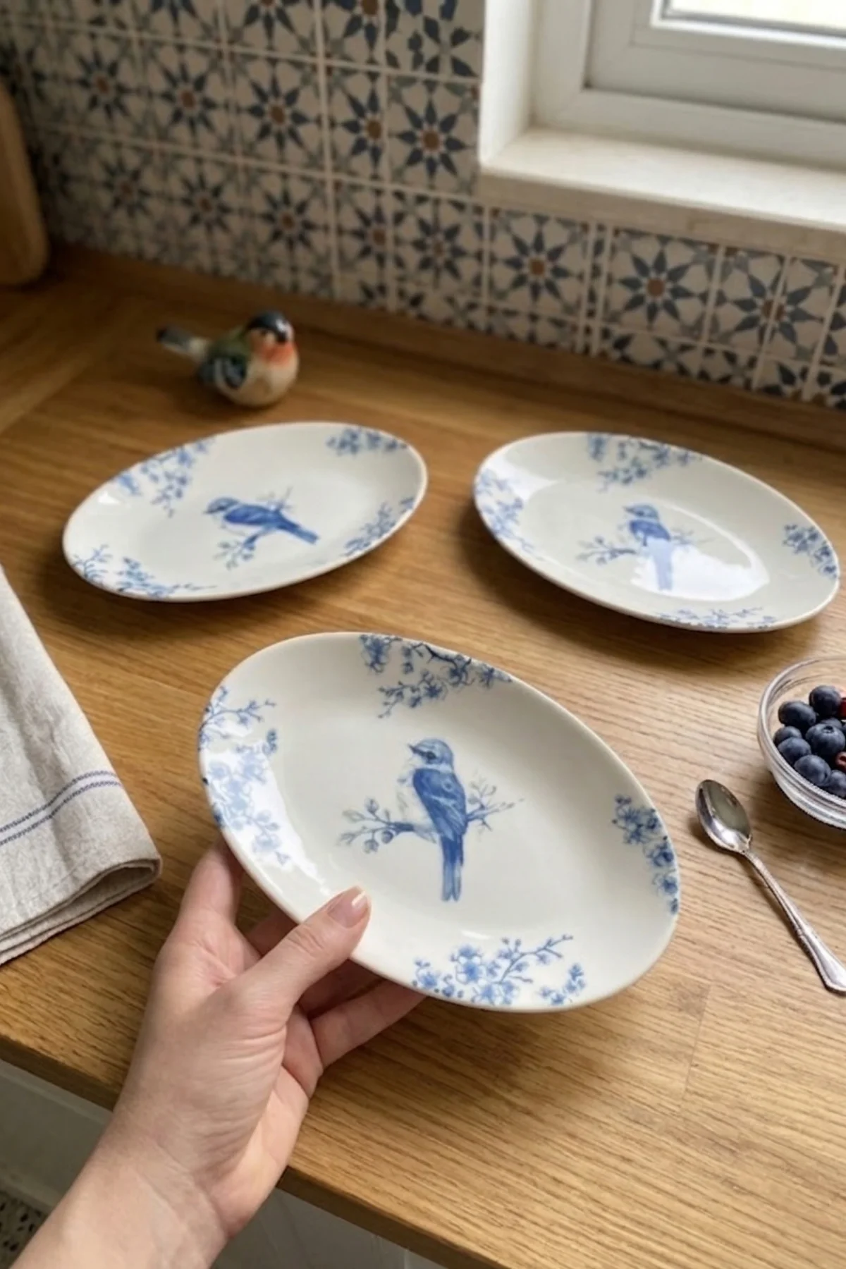 Kuş Desenli Kayık Tabak 3 Adet 21 Cm Porselen Kayık