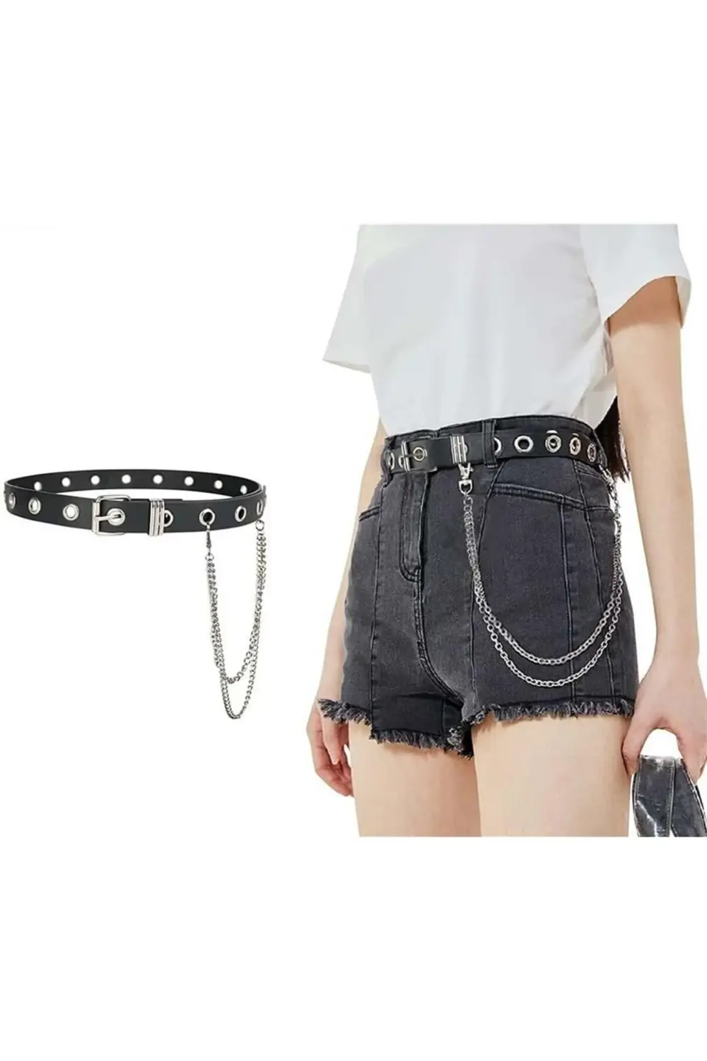 Kuş Gözlü Kare Tokalı Zincirli Deri Kemer