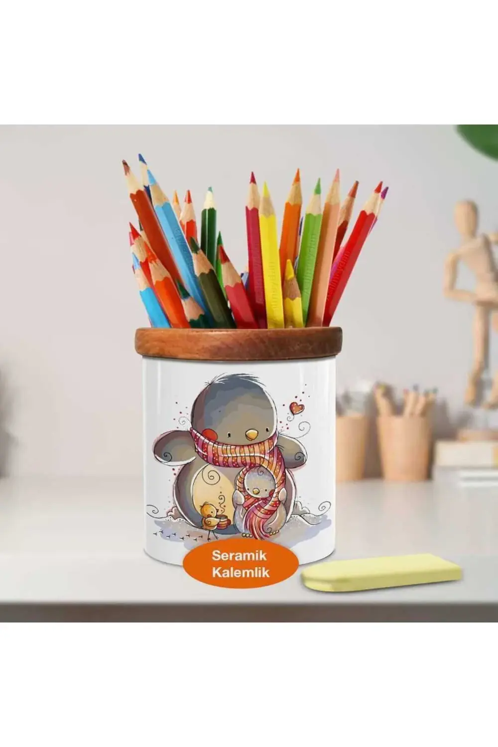 Kuş Kanatlarının Altında Ahşap Seramik Kalemlik - 7526919152