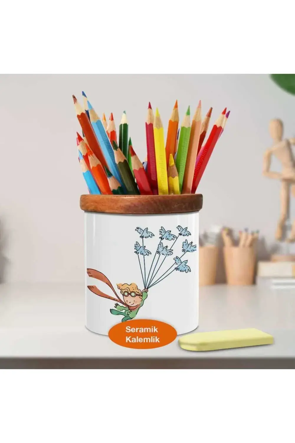 Kuş Uçuran Küçük Prens Ahşap Seramik Kalemlik - 2775541524