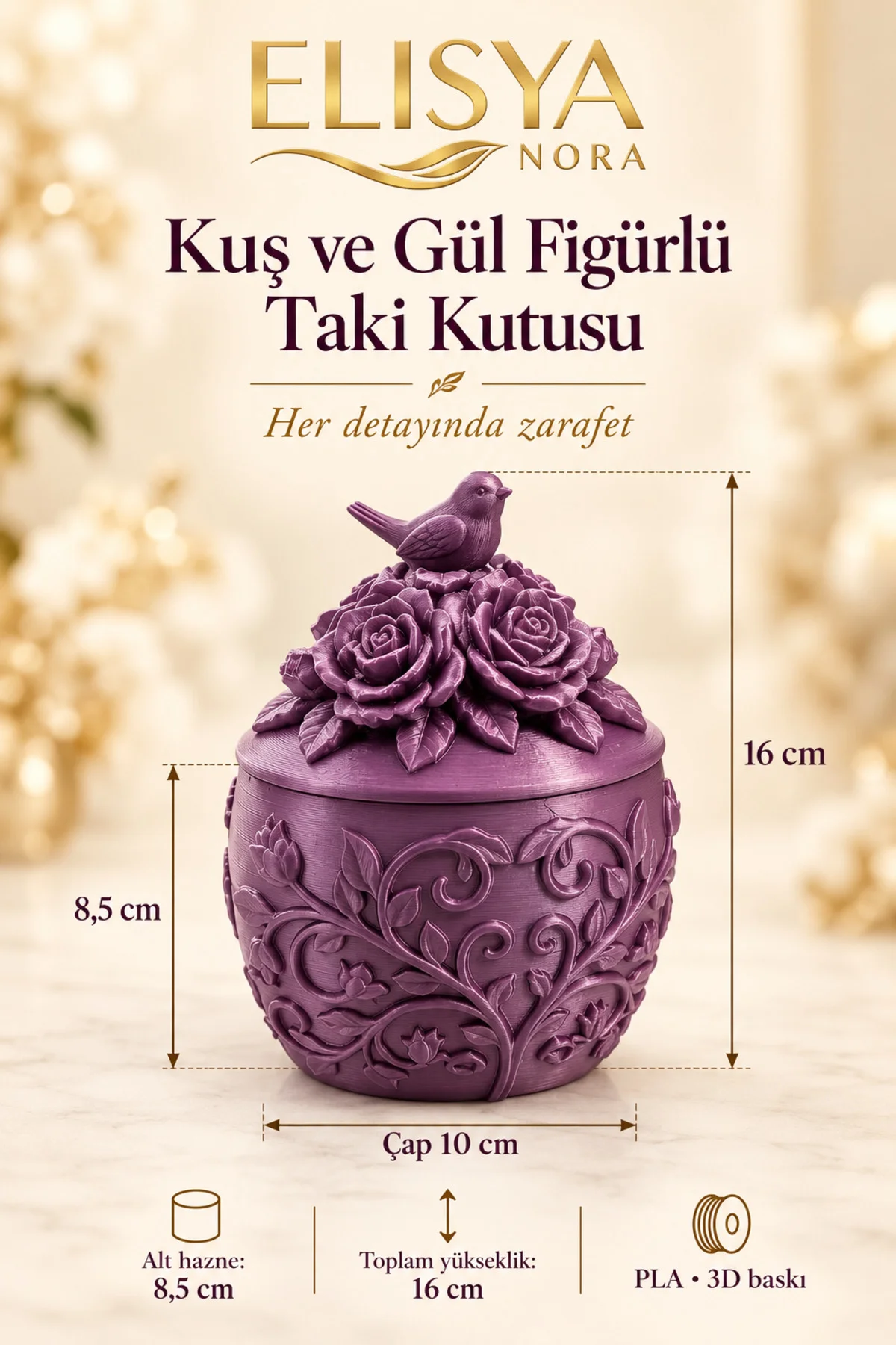 Kuş ve Gül Figürlü Takı Kutusu Mor Dekoratif Mücevher Kutusu - Görsel 2