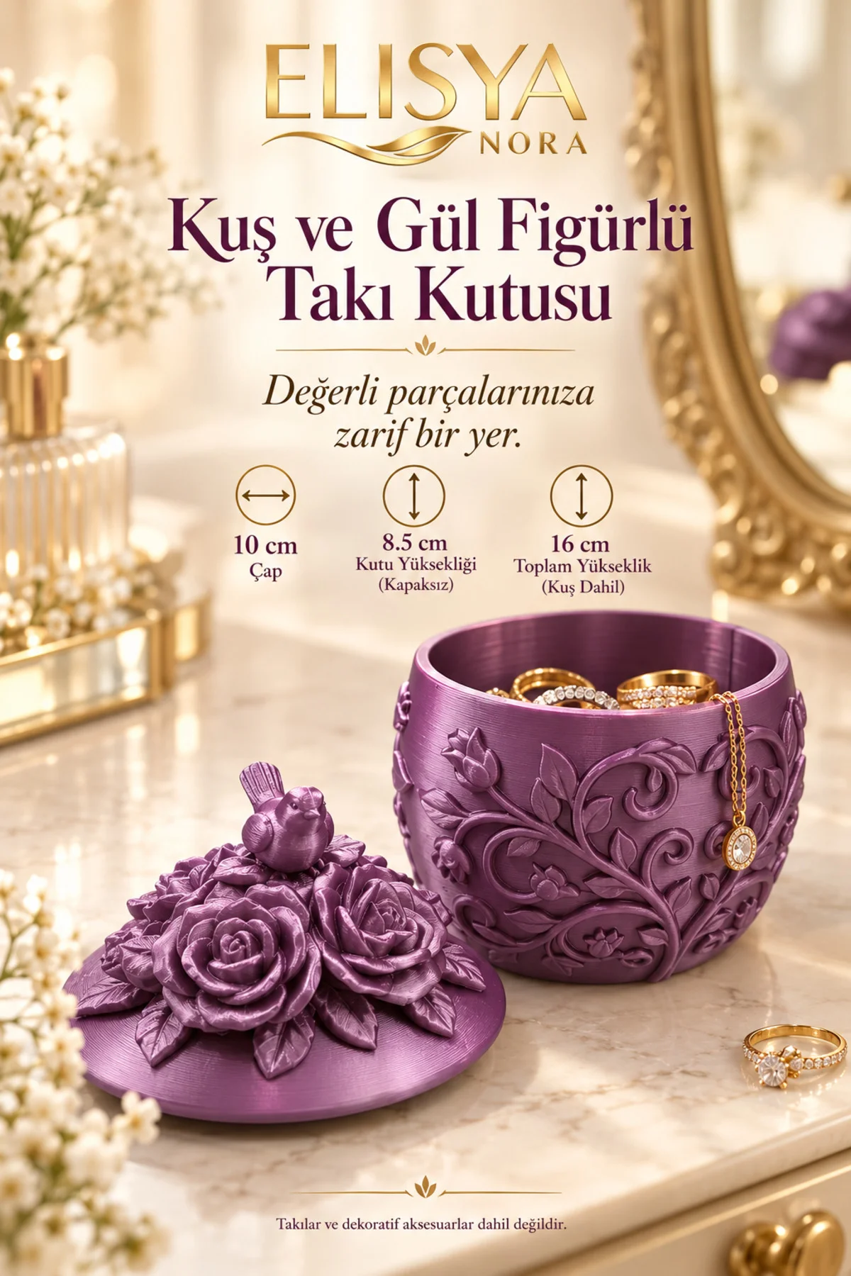 Kuş ve Gül Figürlü Takı Kutusu Mor Dekoratif Mücevher Kutusu - Görsel 3