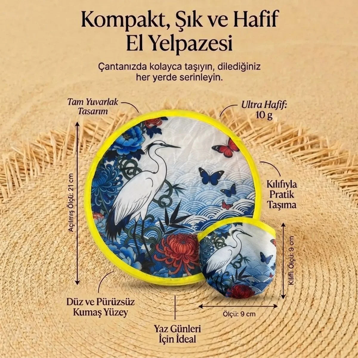 Kuş ve Kelebek Desenli Katlanabilir Cep Yelpazesi - Japon Stili Kılıflı El Yelpazesi Kuş ve Kelebek Desenli Katlanabilir Cep Yelpazesi - Japon Stili Kılıflı El Yelpazesi