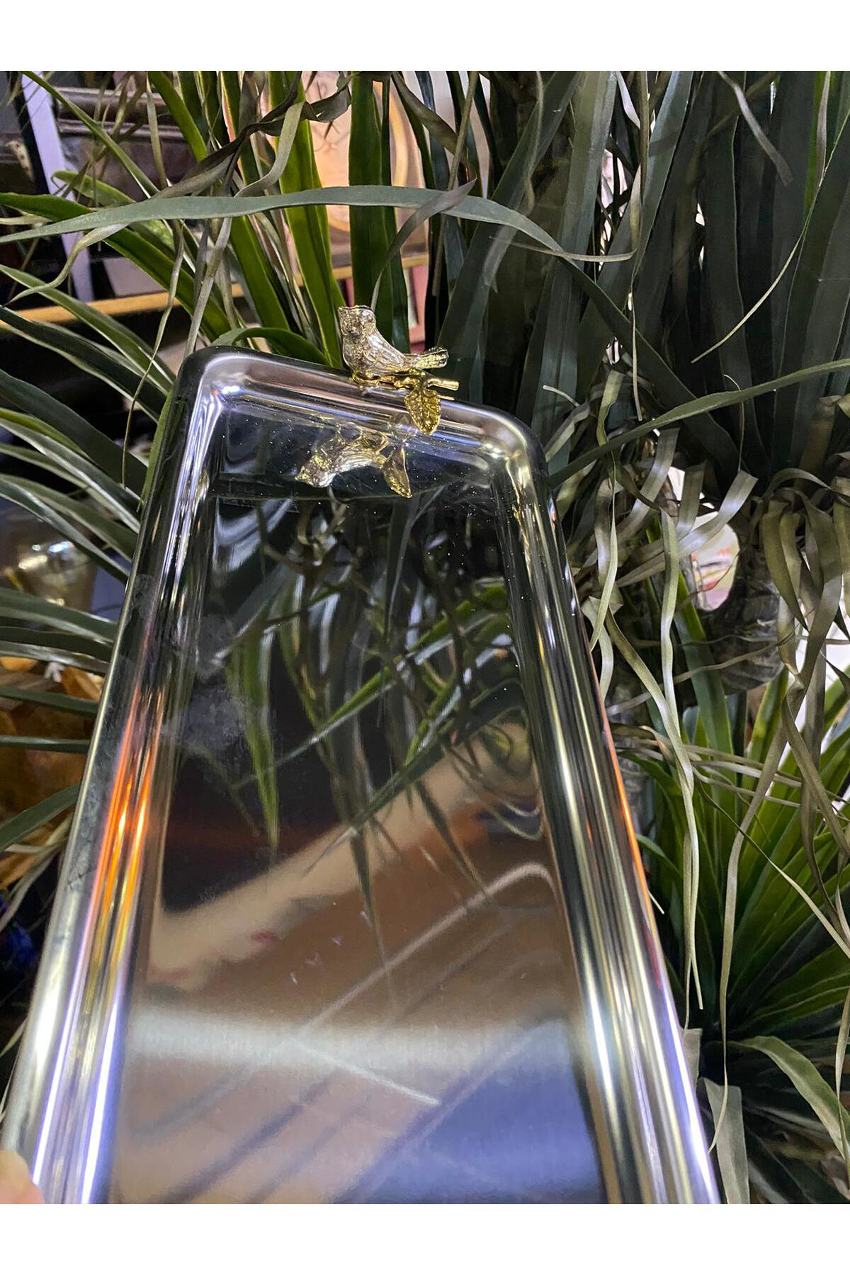 Elif Aksesuar Kuşlu Metal Dikdörtgen Sunum Tepsisi