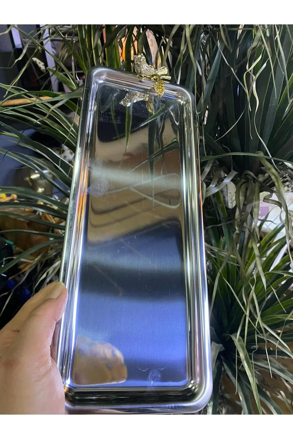 Kuşlu Metal Dikdörtgen Sunum Tepsisi