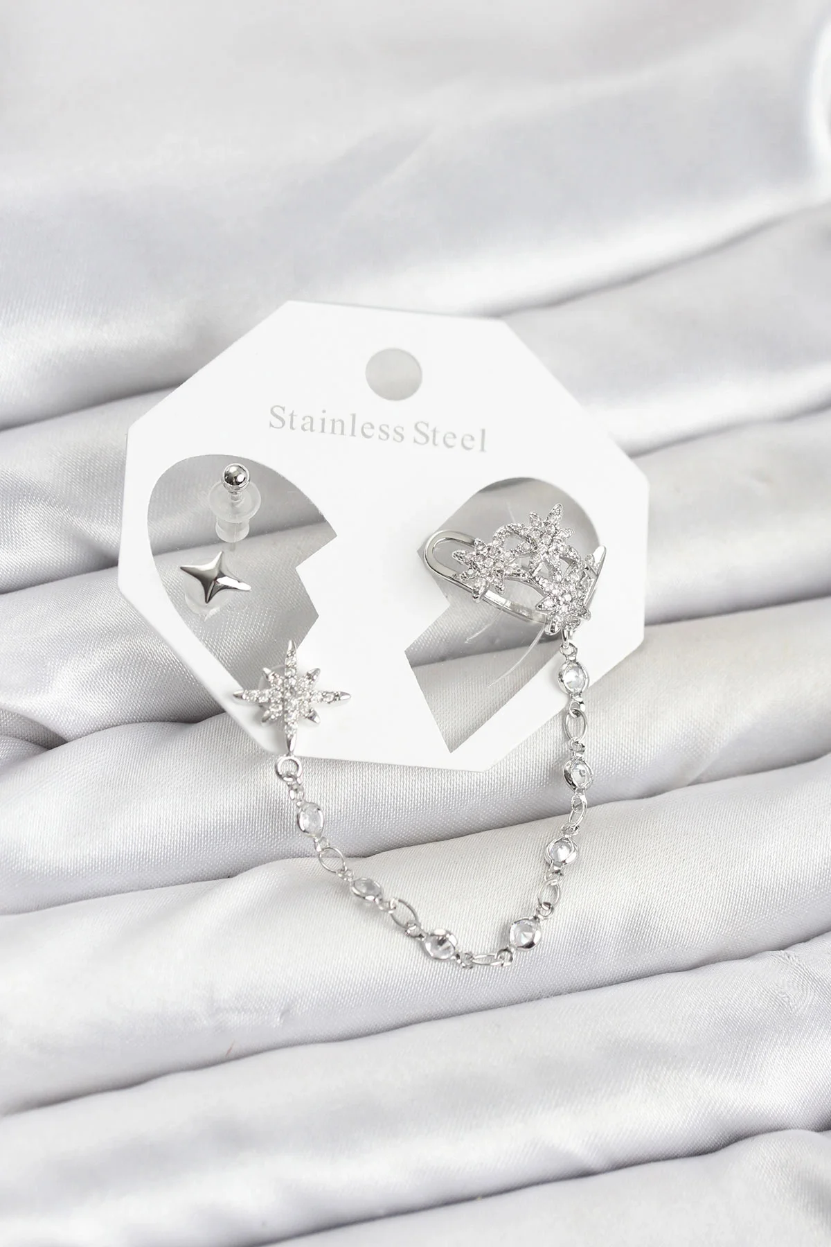 Kutup Yıldızı Model Pirinç Gümüş Renk Zincir Bağlantılı Ear Cuff 