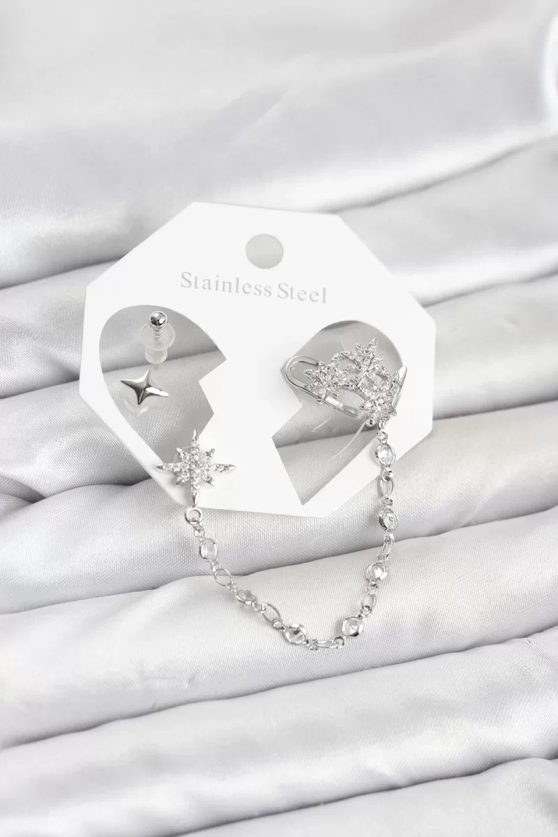 Kutup Yıldızı Model Pirinç Gümüş Renk Zincir Bağlantılı Ear Cuff Küpe Seti - Lisinya