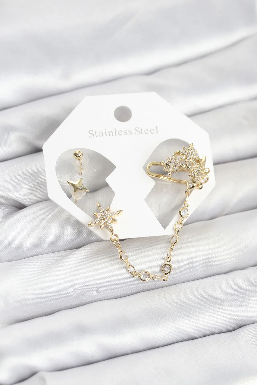 Kutup Yıldızı Model Pirinç Gold Renk Zincir Bağlantılı Ear Cuff Küpe Seti Çok Renkli