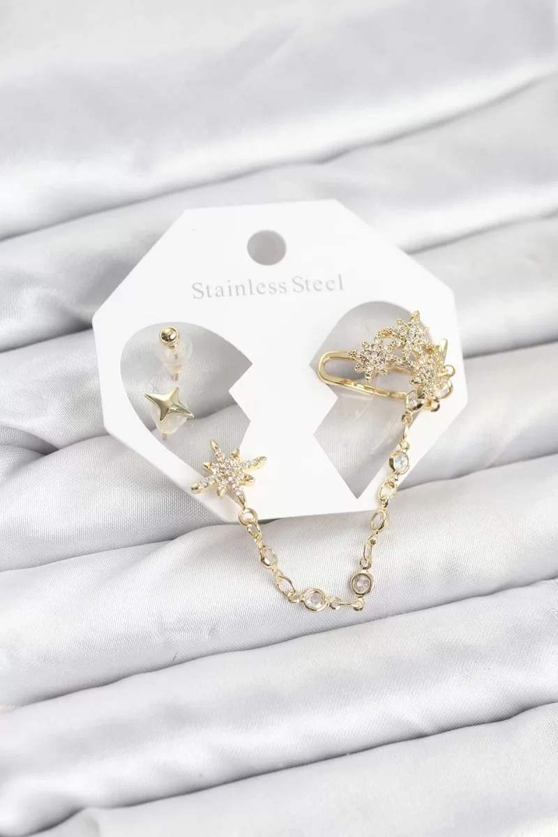 Kutup Yıldızı Model Pirinç Gold Renk Zincir Bağlantılı Ear Cuff Küpe Seti - Lisinya