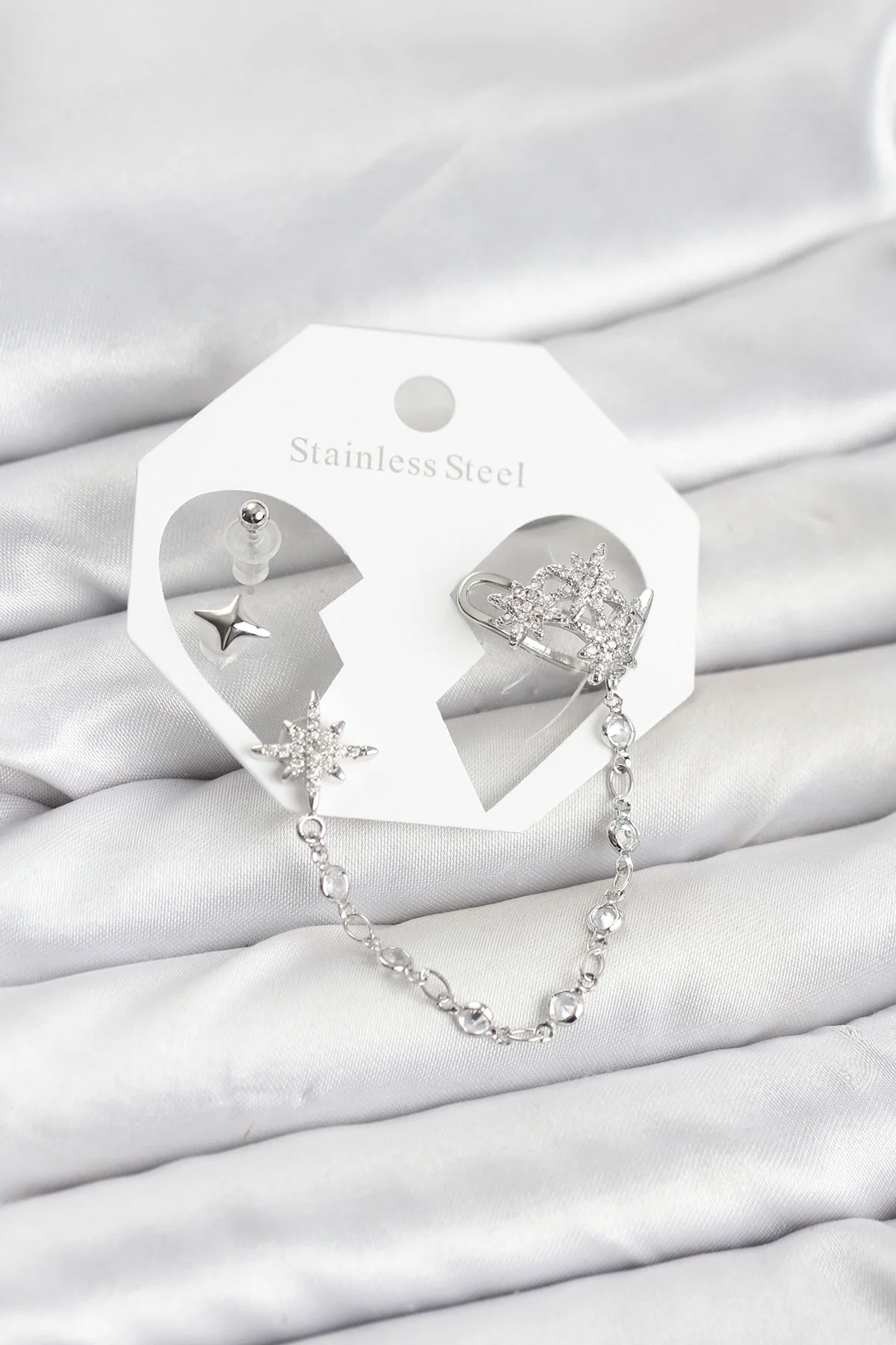 Kutup Yıldızı Model Pirinç Gümüş Renk Zincir Bağlantılı Ear Cuff Küpe Seti -1492